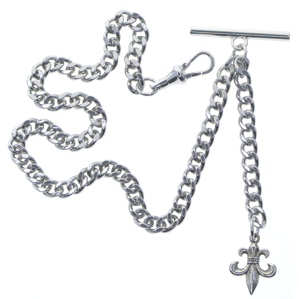Albert Chain Silver Color Pocket Watch Chains Vest Chain for Men with Fleur-de-Lis Design Fob T Bar AC68