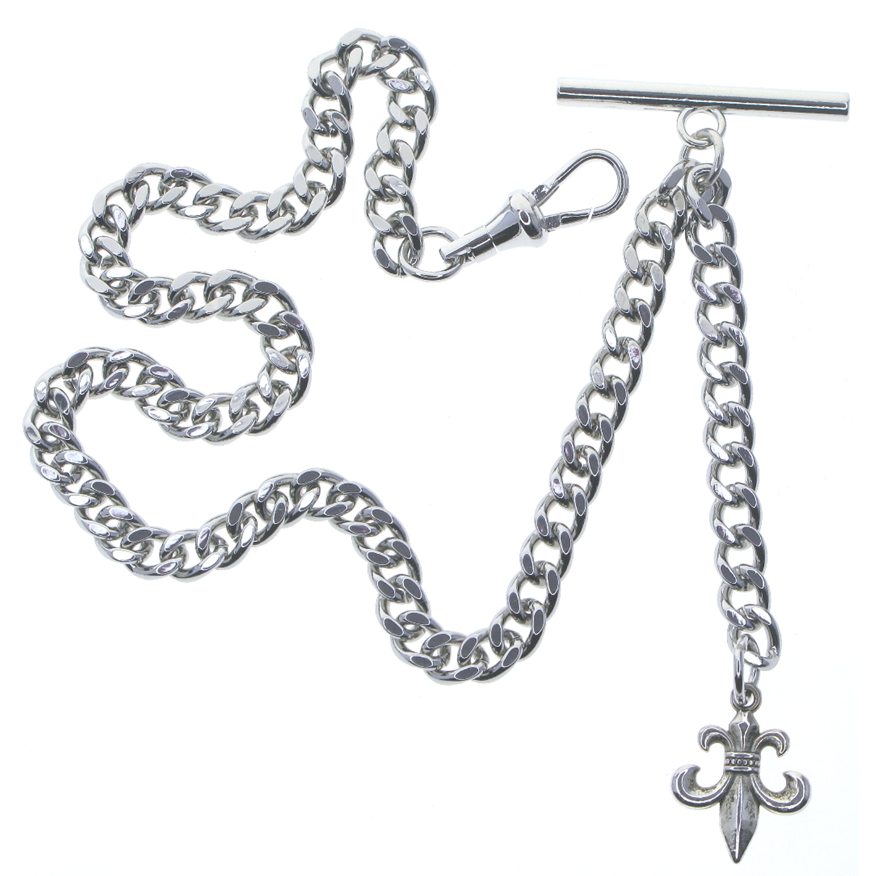 Albert Chain Silver Color Pocket Watch Chains Vest Chain for Men with Fleur-de-Lis Design Fob T Bar AC68