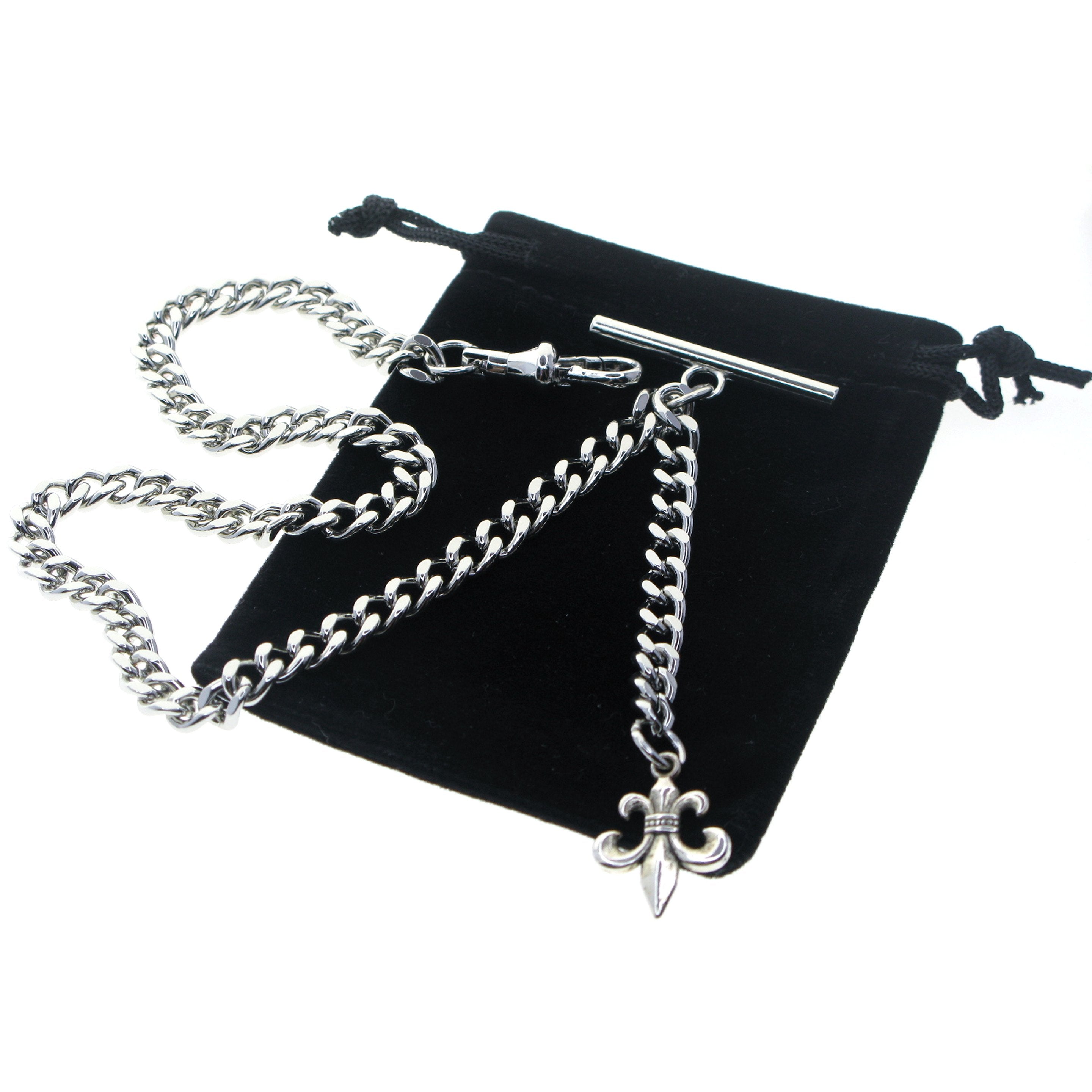 Albert Chain Silver Color Pocket Watch Chains Vest Chain for Men with Fleur-de-Lis Design Fob T Bar AC68