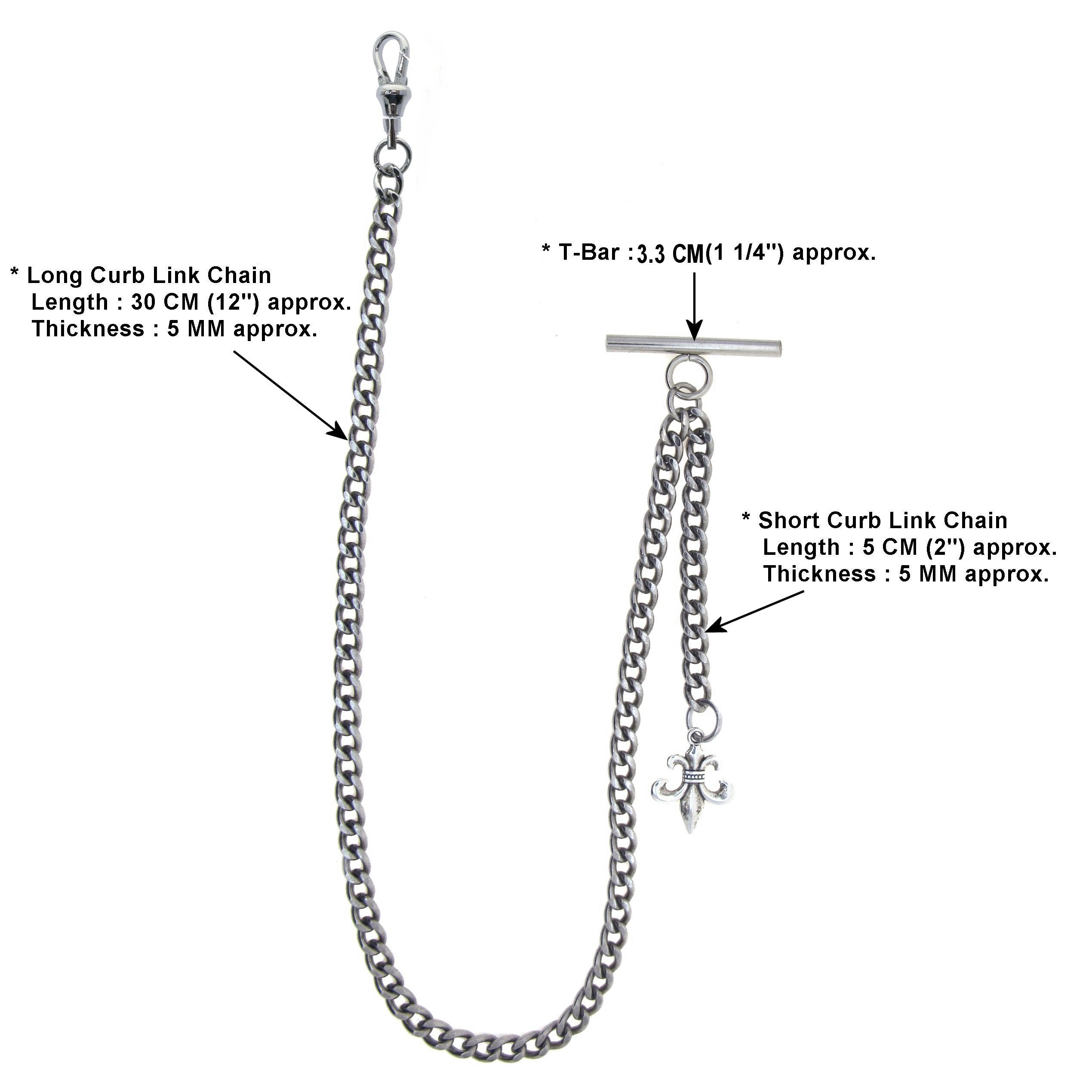 Albert Chain Silver Color Pocket Watch Chains Vest Chain for Men with Fleur-de-Lis Design Fob T Bar AC68