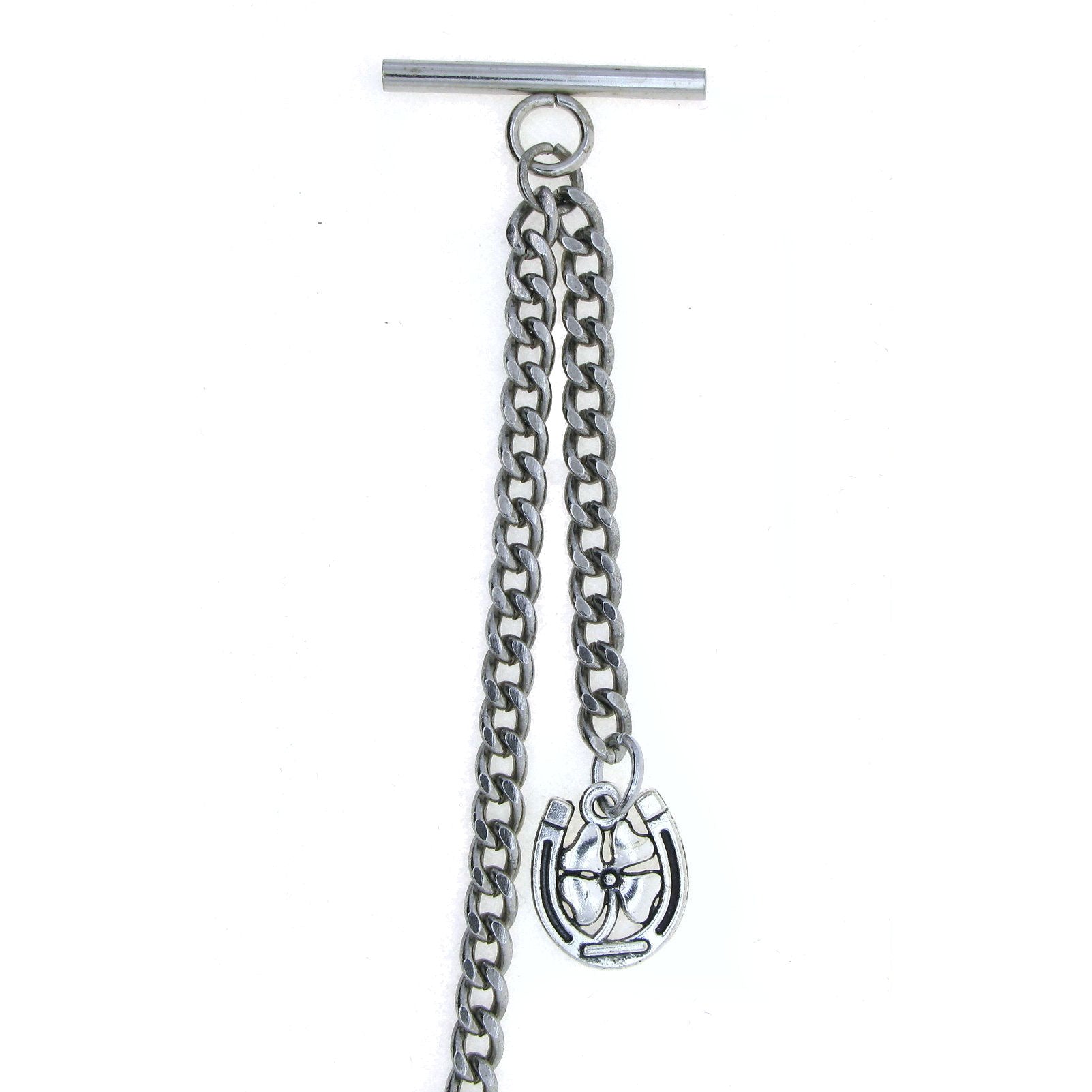 watchvshop Albert Chain Silver Tone Pocket Watch Chain Vest Chain for Men Lucky Four-Leaf Clover Design Fob with Swivel Clip T Bar AC69