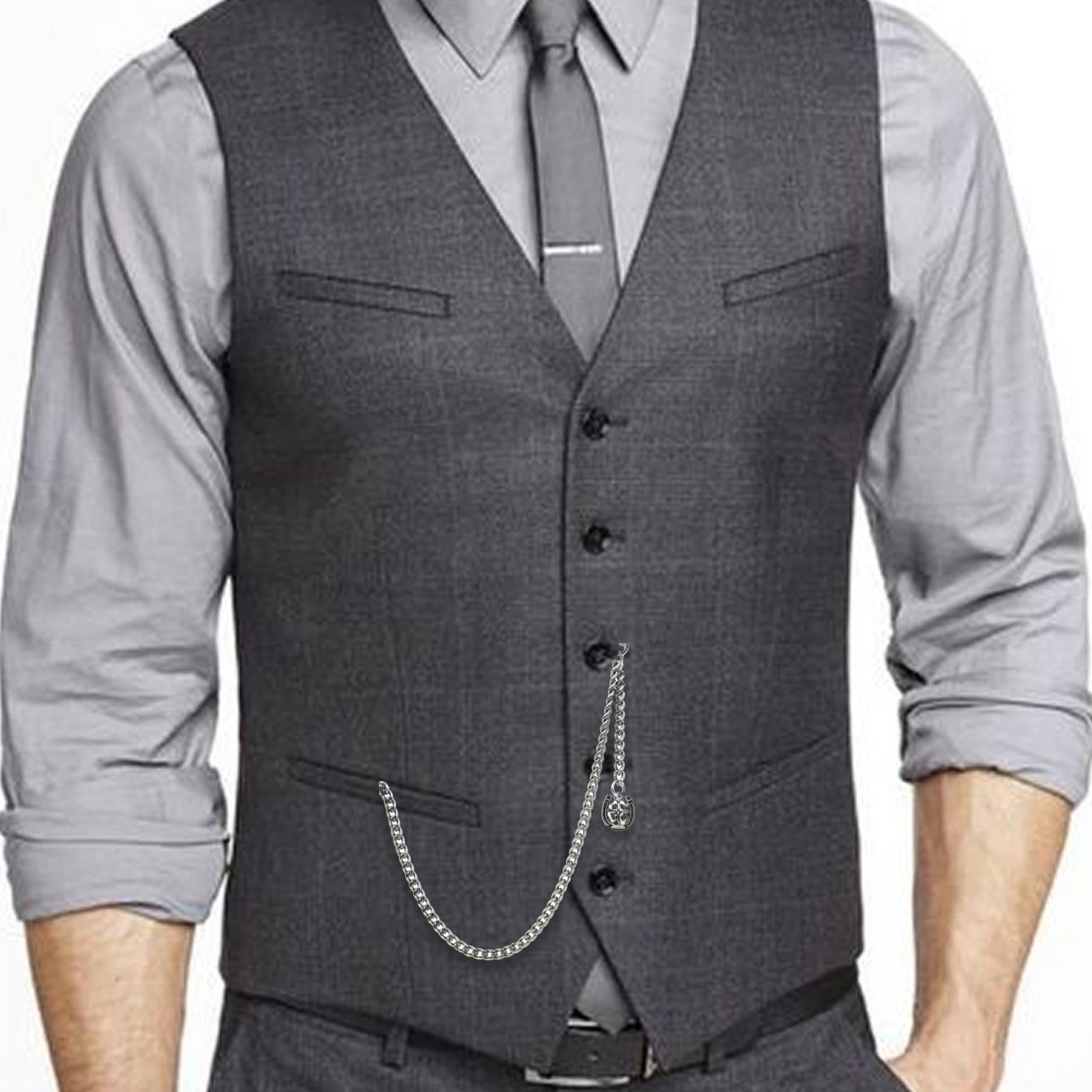 Albert Chain Silver Color Pocket Watch Chains for Men with Lucky Four-Leaf Clover Design Fob T Bar AC69