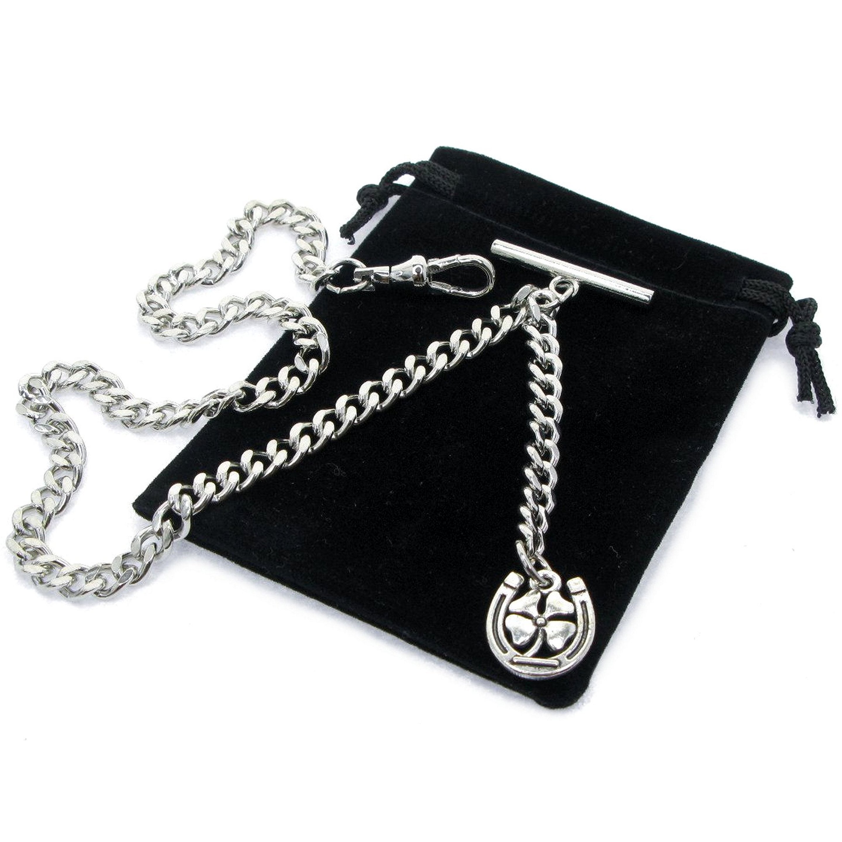watchvshop Albert Chain Silver Tone Pocket Watch Chain Vest Chain for Men Lucky Four-Leaf Clover Design Fob with Swivel Clip T Bar AC69