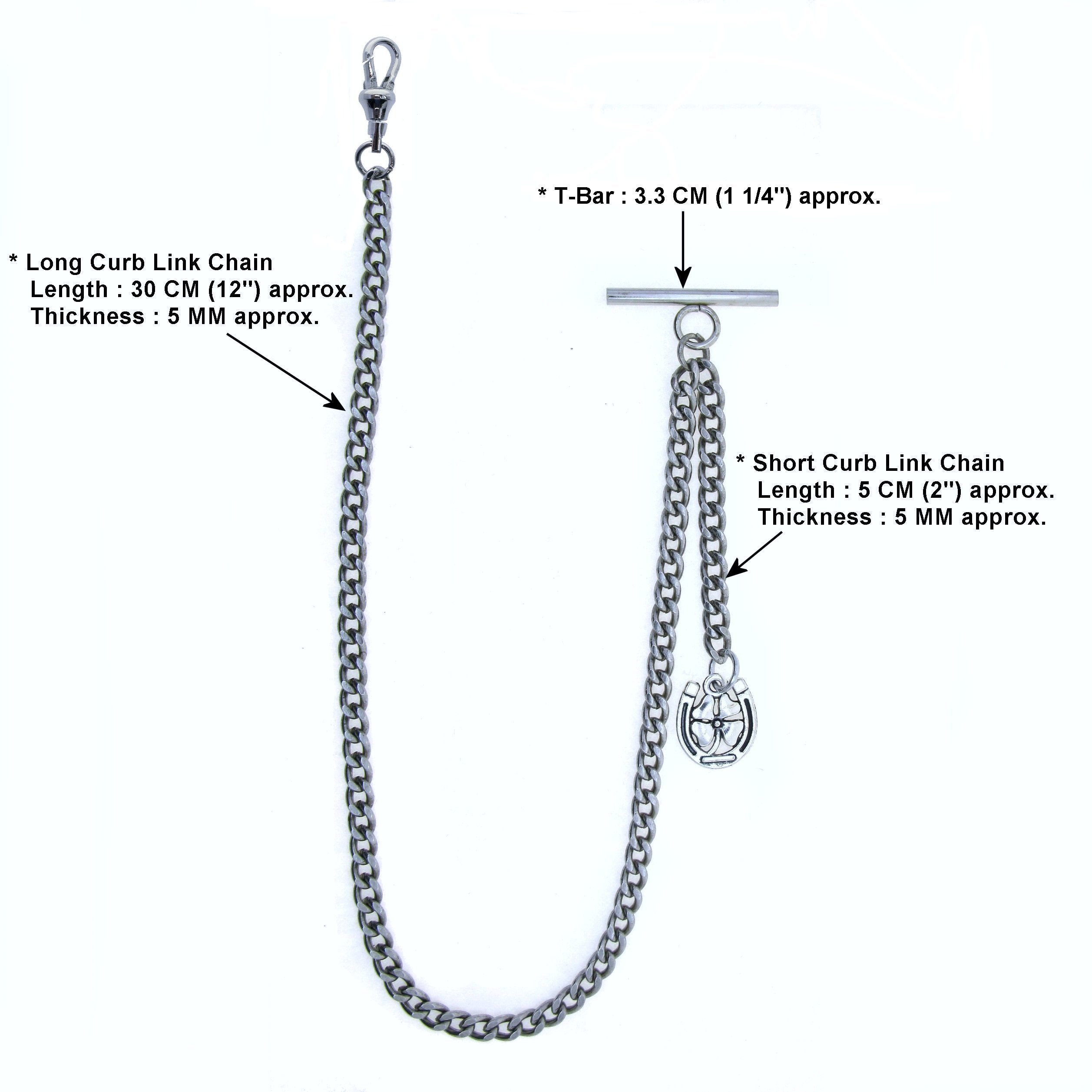 watchvshop Albert Chain Silver Tone Pocket Watch Chain Vest Chain for Men Lucky Four-Leaf Clover Design Fob with Swivel Clip T Bar AC69