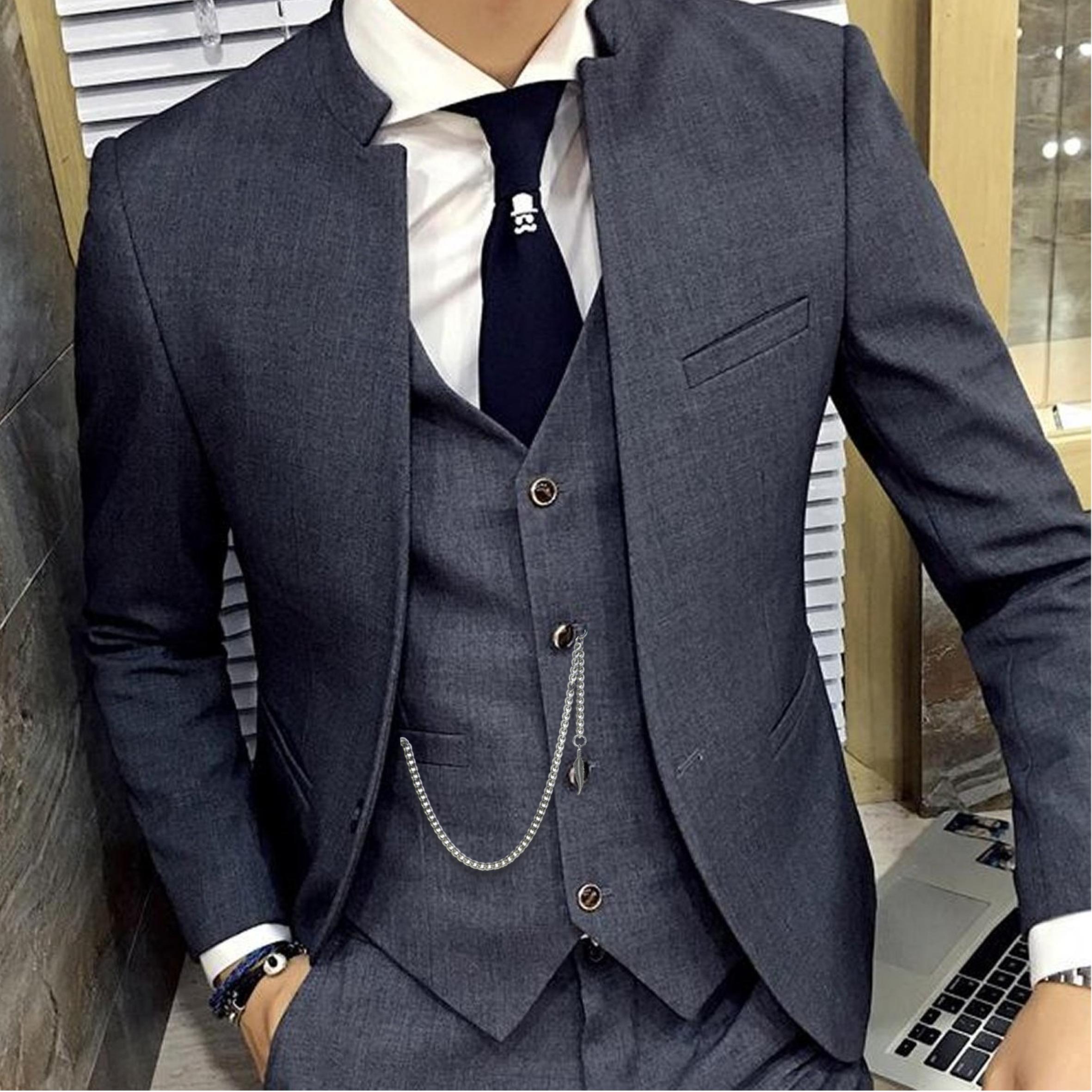 Albert Chain Silver Color Pocket Watch Chains Vest Chains for Men with Feather Design Fob T Bar AC70