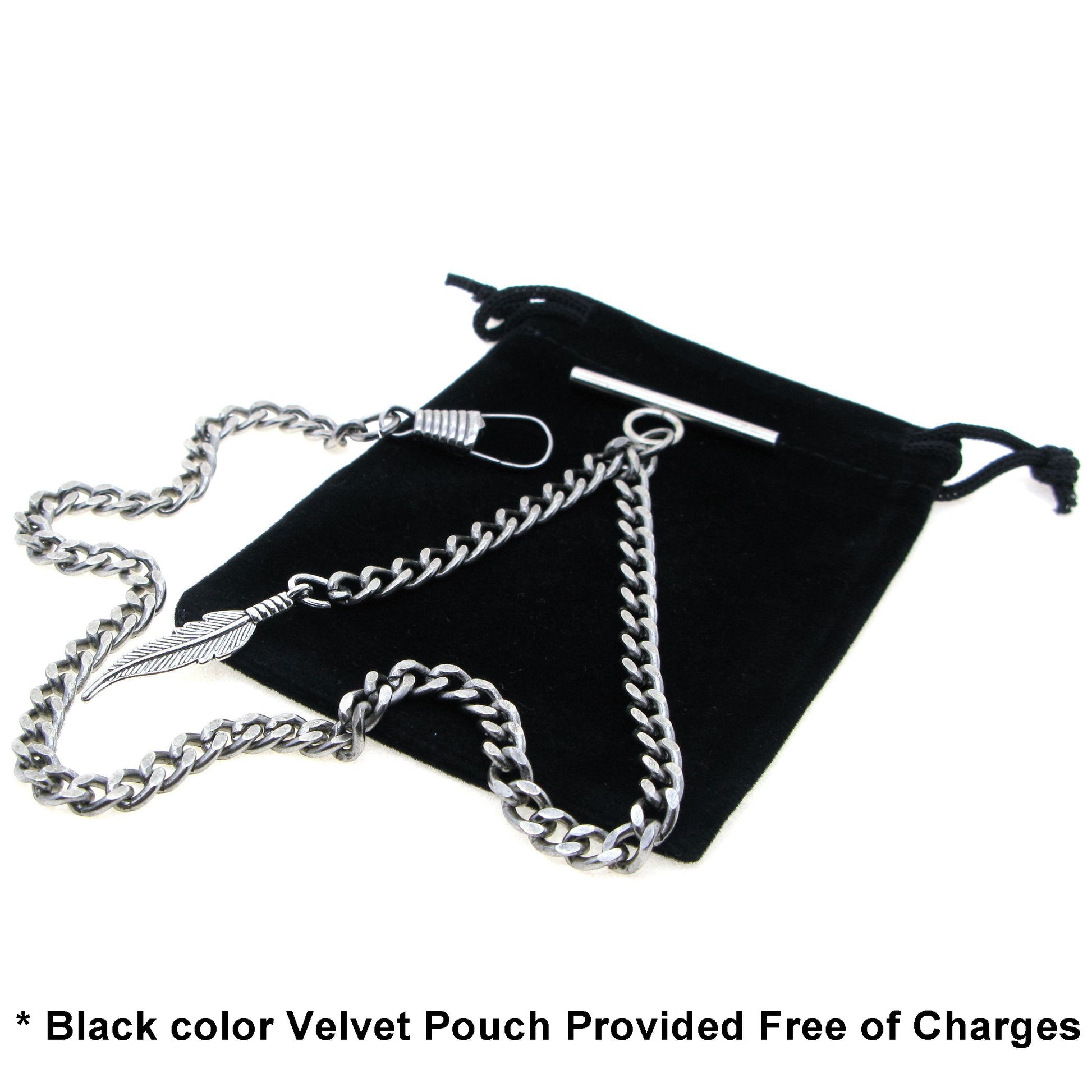 Albert Chain Silver Color Pocket Watch Chains Vest Chains for Men with Feather Design Fob T Bar AC70