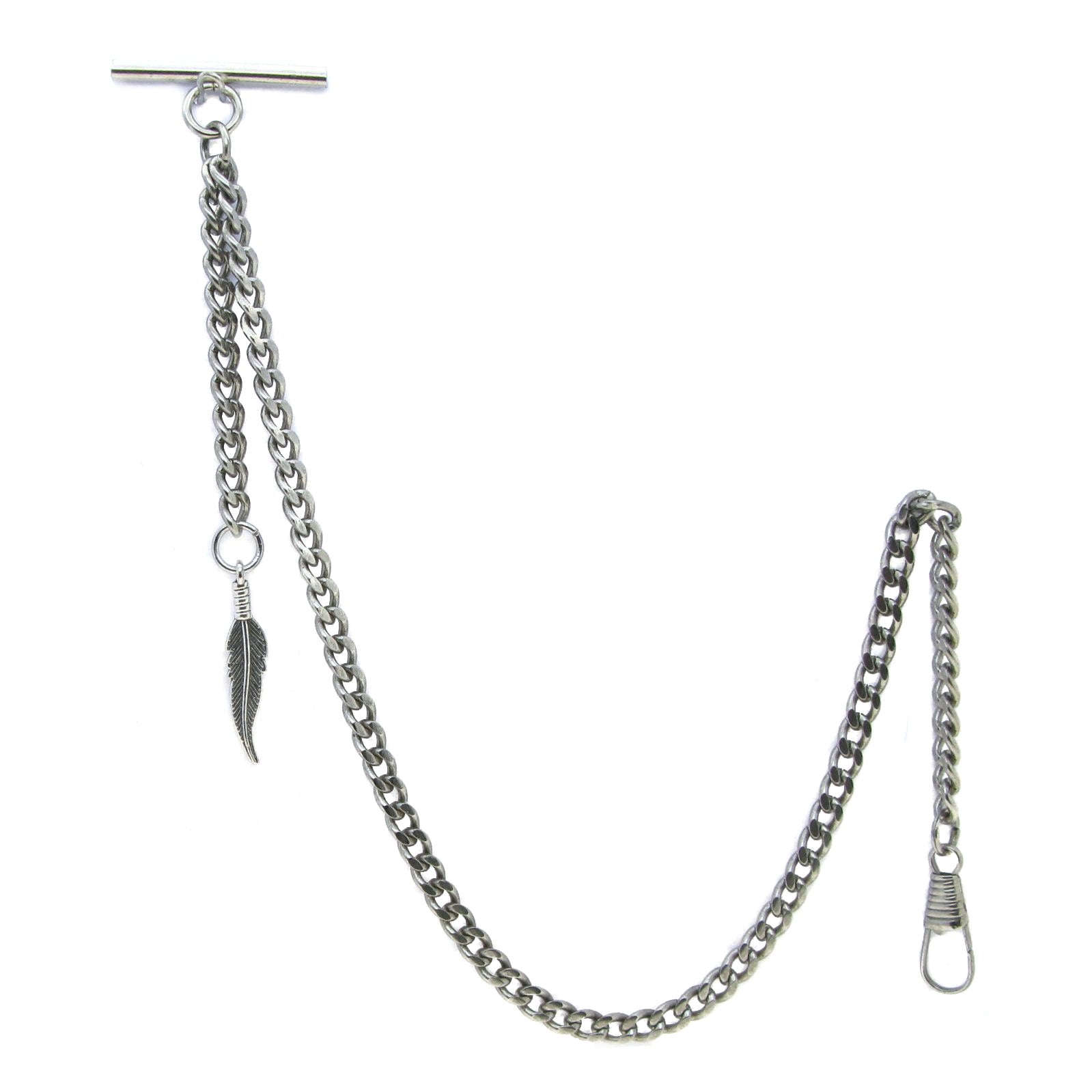 Albert Chain Silver Color Pocket Watch Chains Vest Chains for Men with Feather Design Fob T Bar AC70