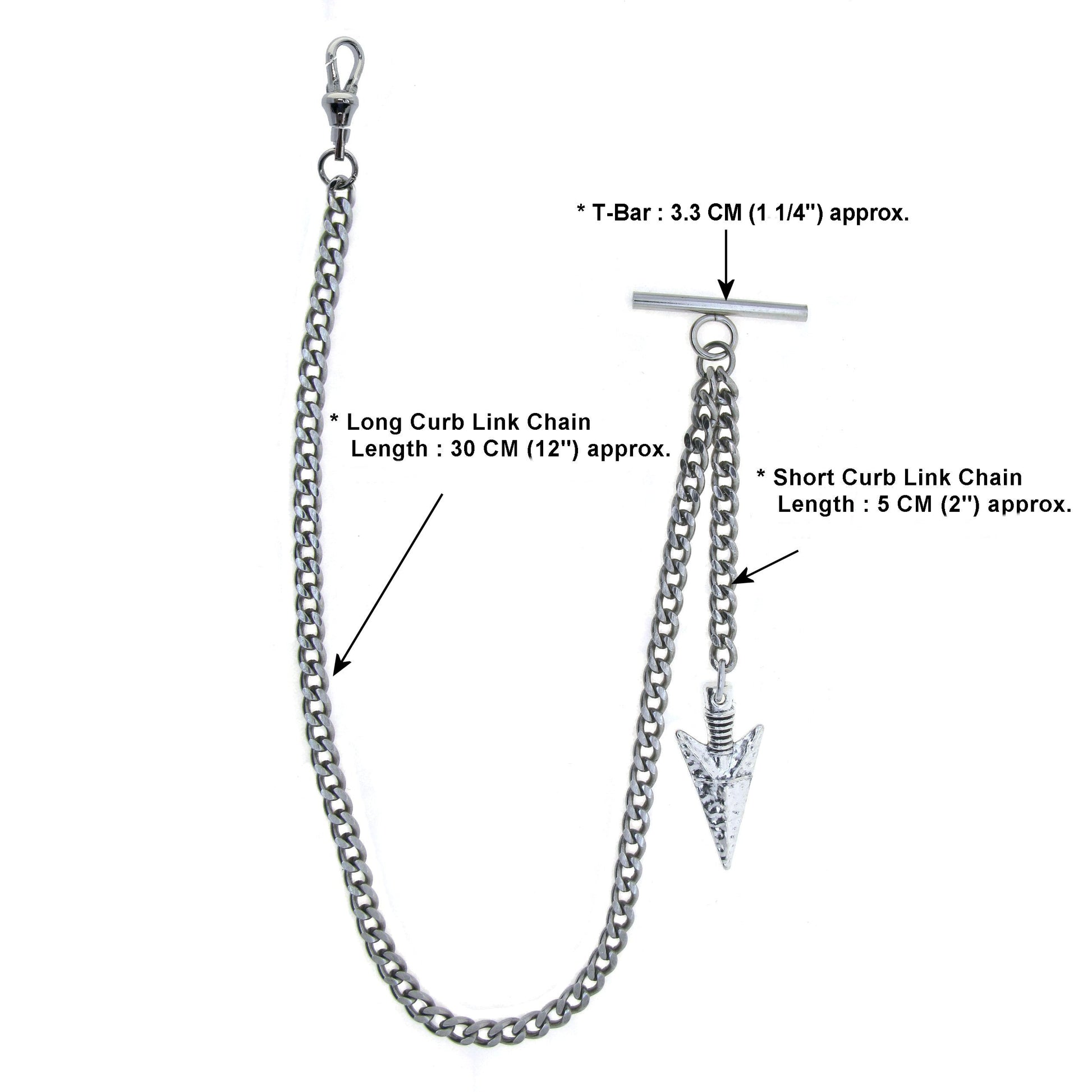 Albert Chain Silver Color Pocket Watch Chains Vest Chains for Men with Spearhead Design Fob T Bar AC71