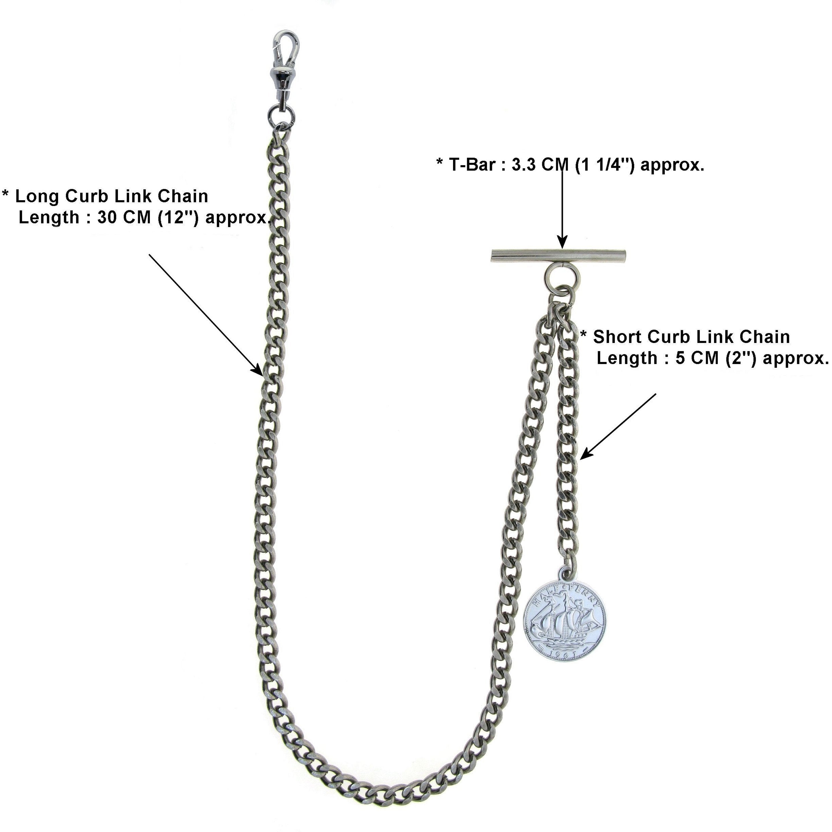 Albert Chain Silver Color Pocket Watch Chains Vest Chains for Men with Queen Elizabeth Half Penny Coin Design Fob T Bar AC72