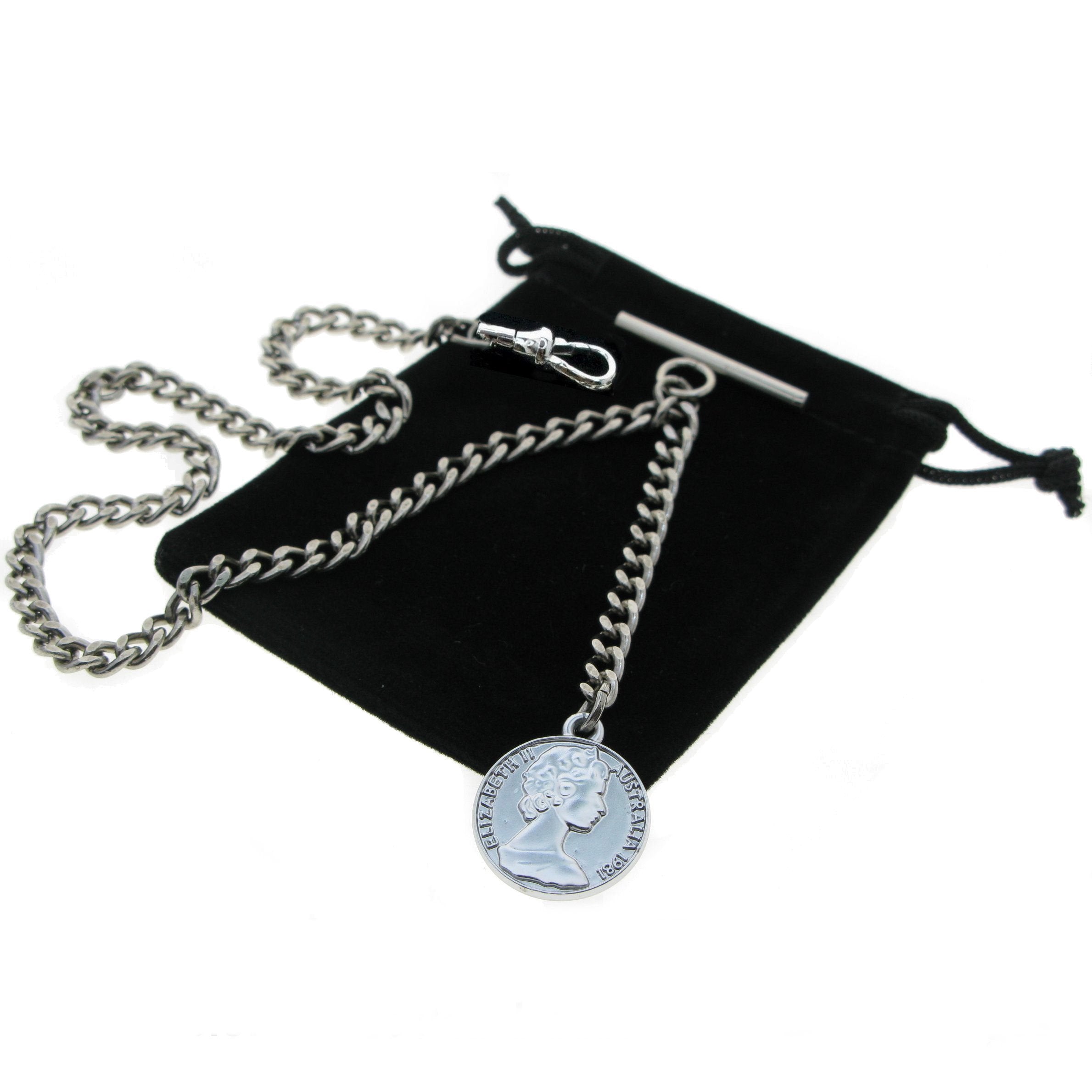 Albert Chain Silver Color Pocket Watch Chains Vest Chains for Men with Queen Elizabeth Half Penny Coin Design Fob T Bar AC72