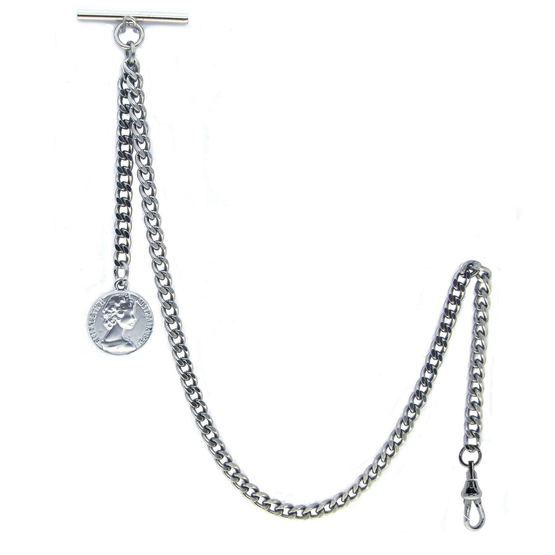 Albert Chain Silver Color Pocket Watch Chains Vest Chains for Men with Queen Elizabeth Half Penny Coin Design Fob T Bar AC72
