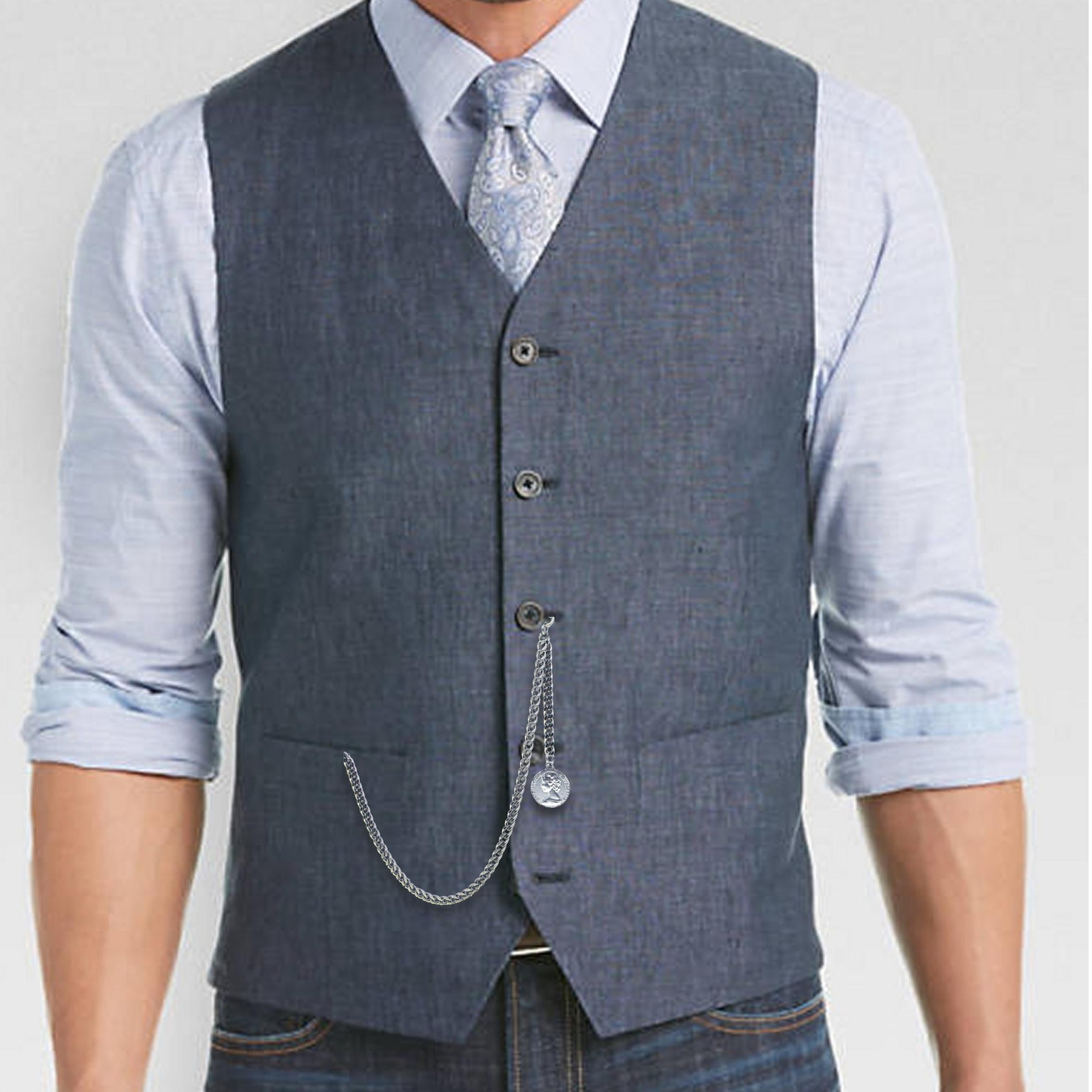 Albert Chain Silver Color Pocket Watch Chains Vest Chains for Men with Queen Elizabeth Half Penny Coin Design Fob T Bar AC72