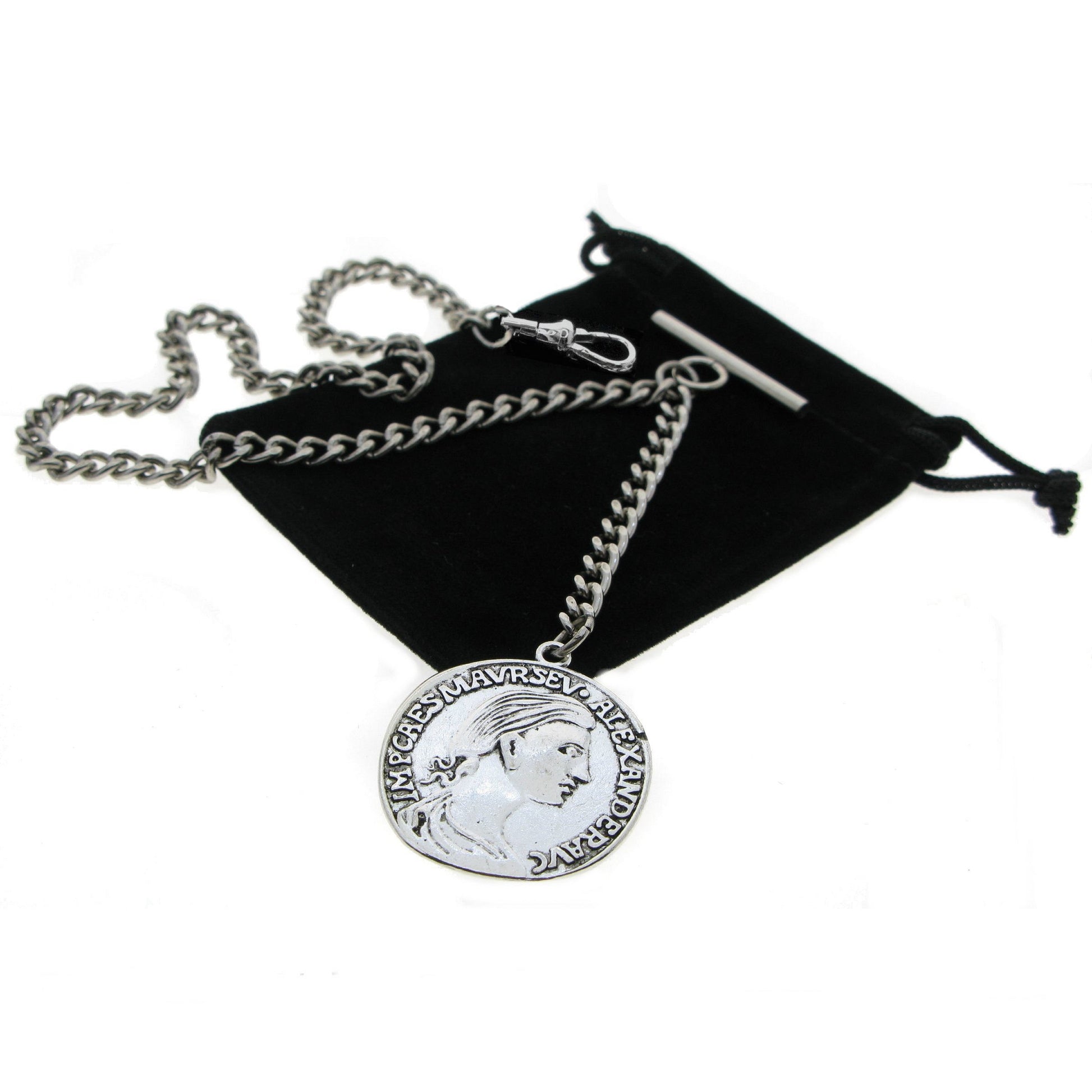 Albert Chain Silver Color Pocket Watch Chains Vest Chains for Men with 32 MM Big Size Ancient Coin Design Fob T Bar AC73