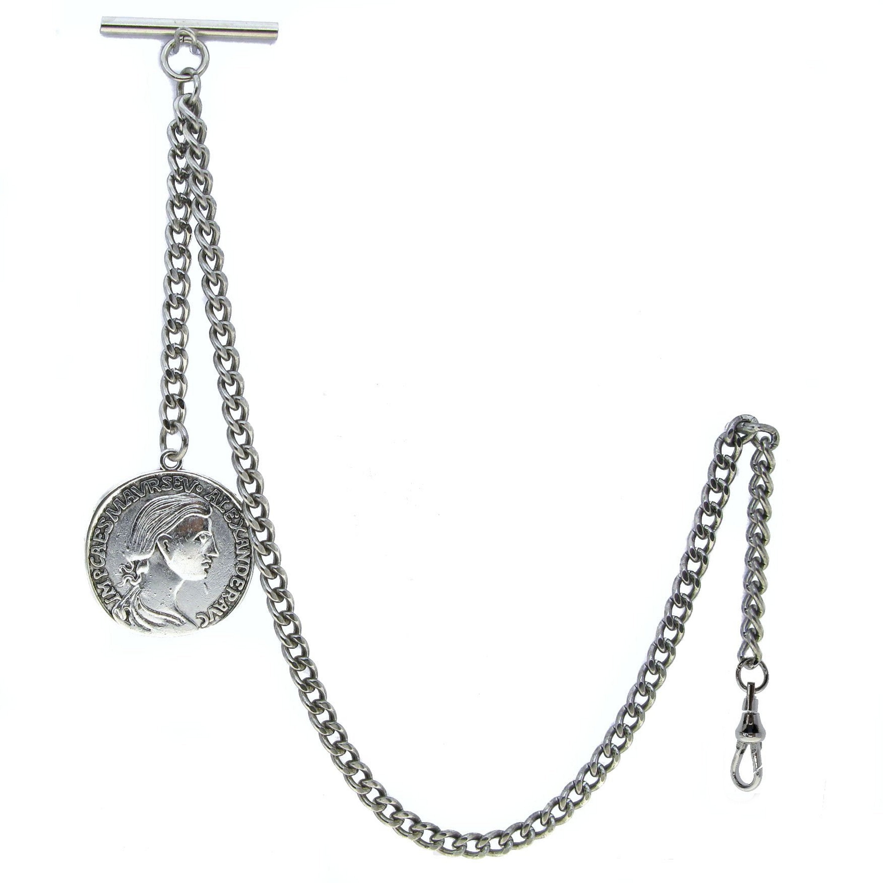 Albert Chain Silver Color Pocket Watch Chains Vest Chains for Men with 32 MM Big Size Ancient Coin Design Fob T Bar AC73