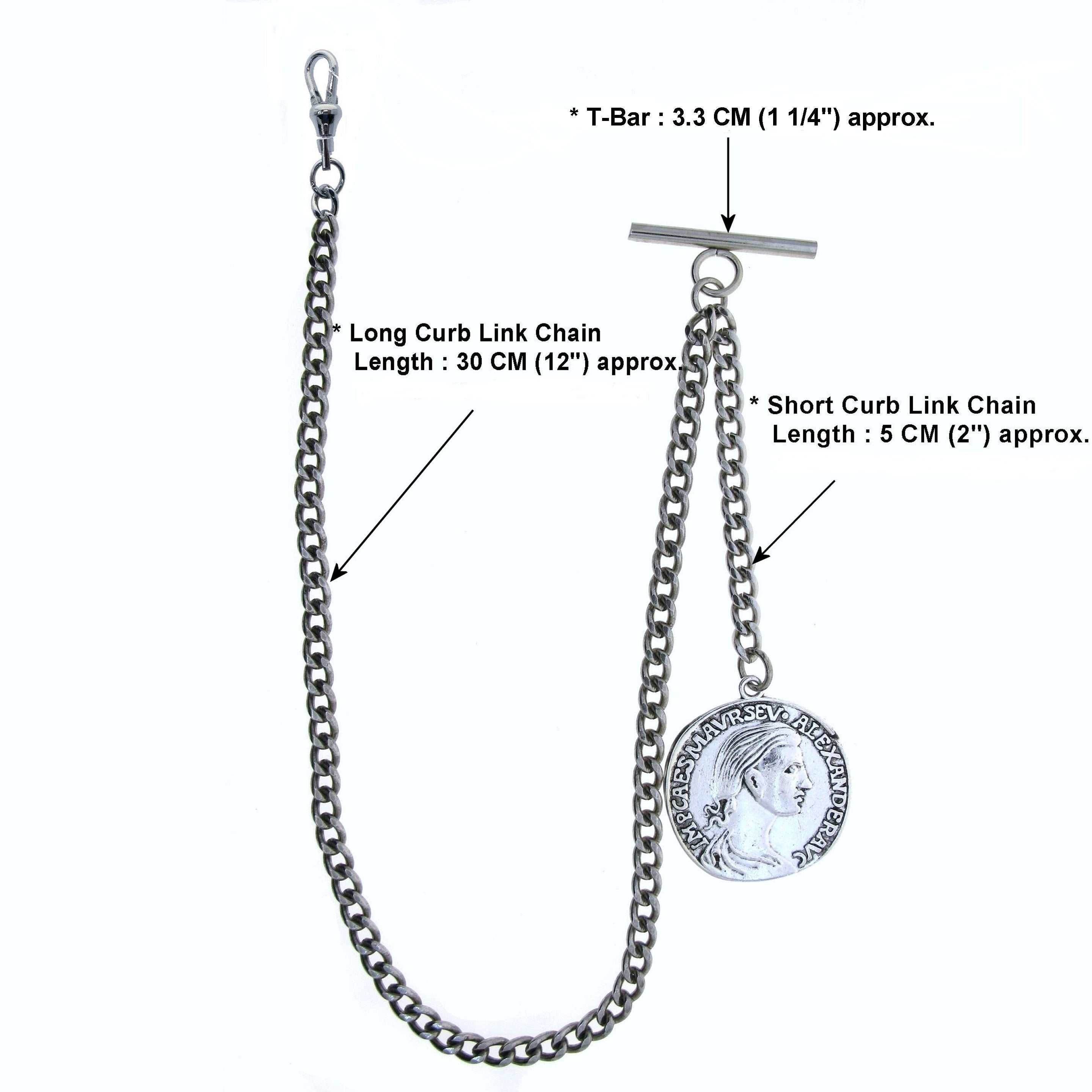 Albert Chain Silver Color Pocket Watch Chains Vest Chains for Men with 32 MM Big Size Ancient Coin Design Fob T Bar AC73
