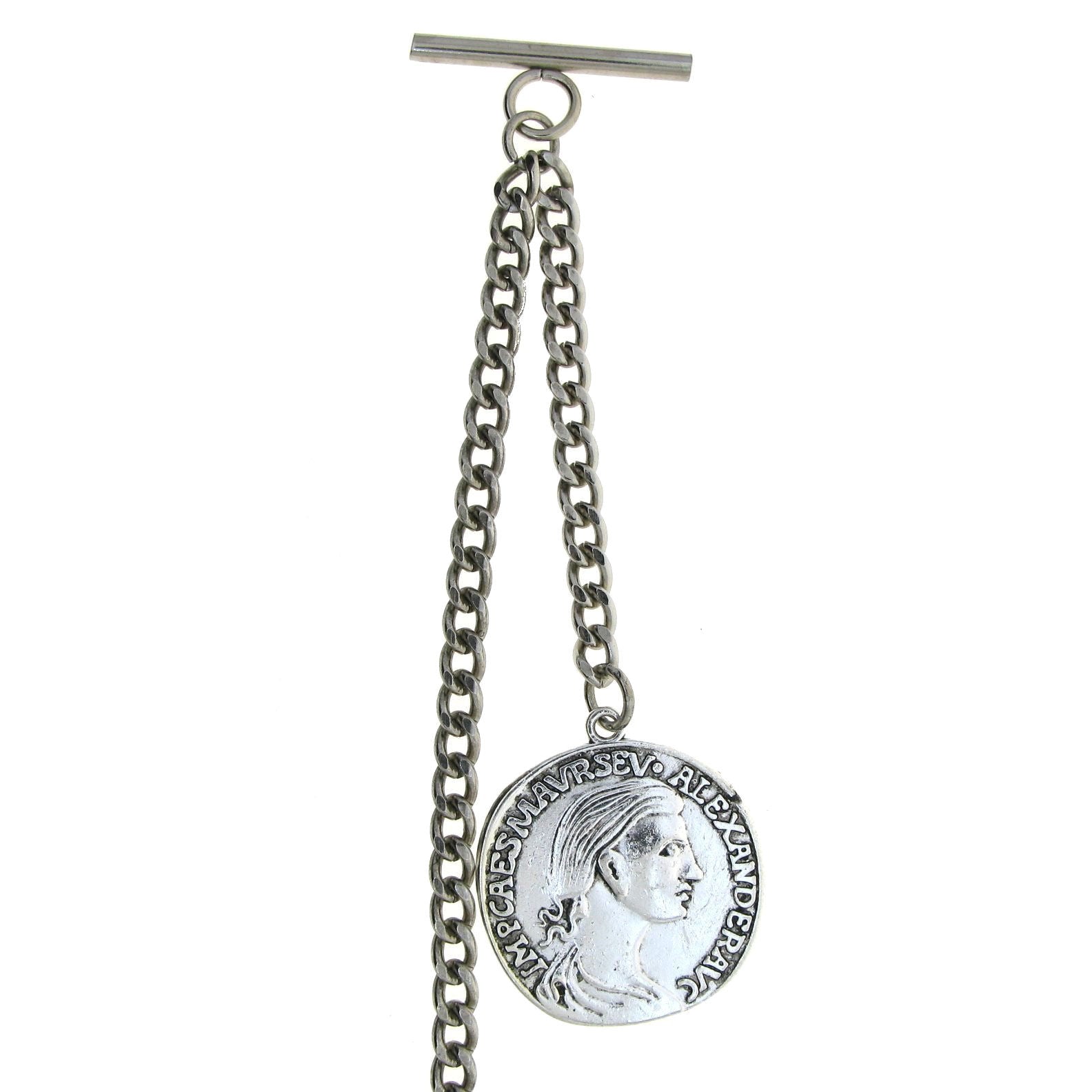 Albert Chain Silver Color Pocket Watch Chains Vest Chains for Men with 32 MM Big Size Ancient Coin Design Fob T Bar AC73