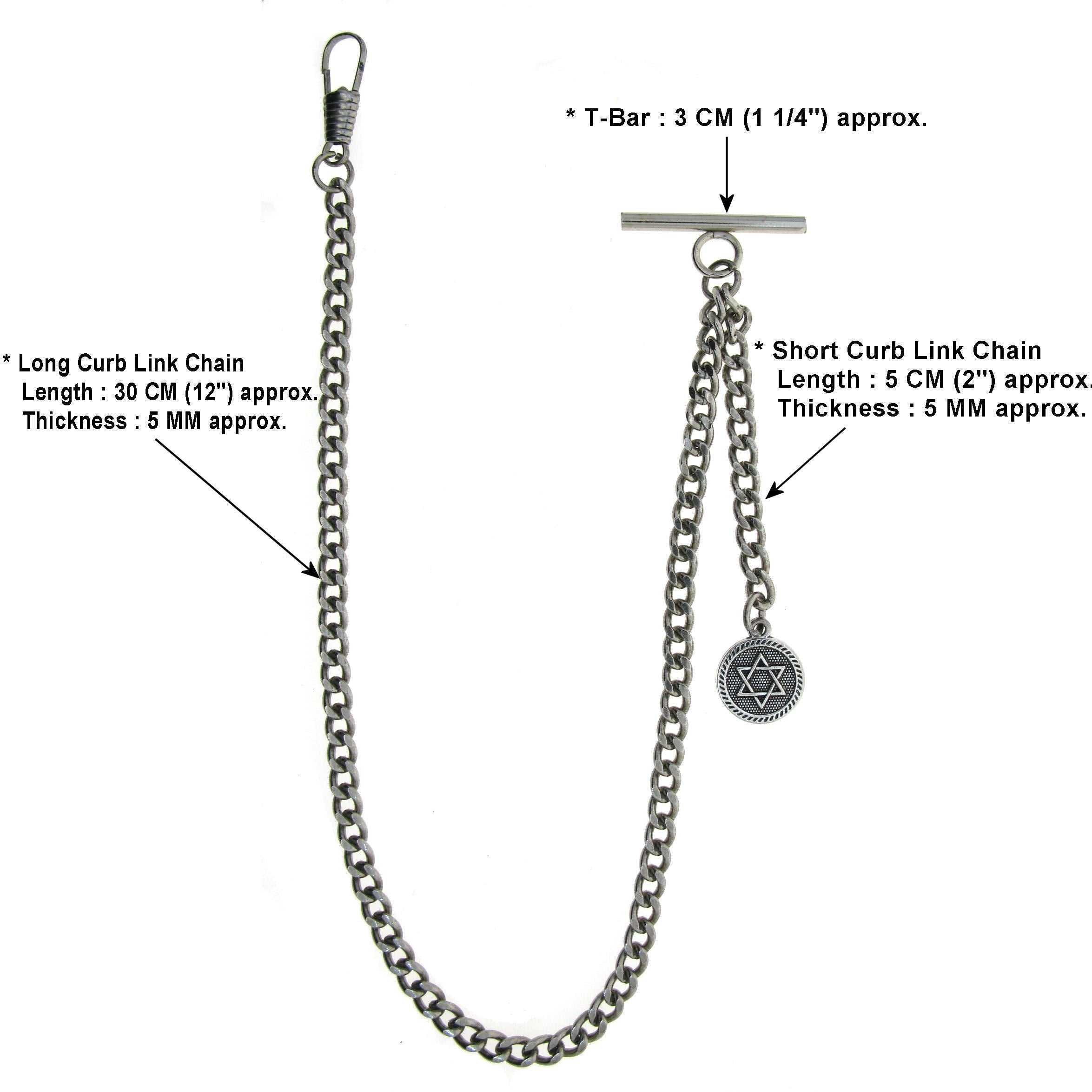 Albert Chain Silver Color Pocket Watch Chains Vest Chains for Men with Star Medal Design Fob T Bar AC74