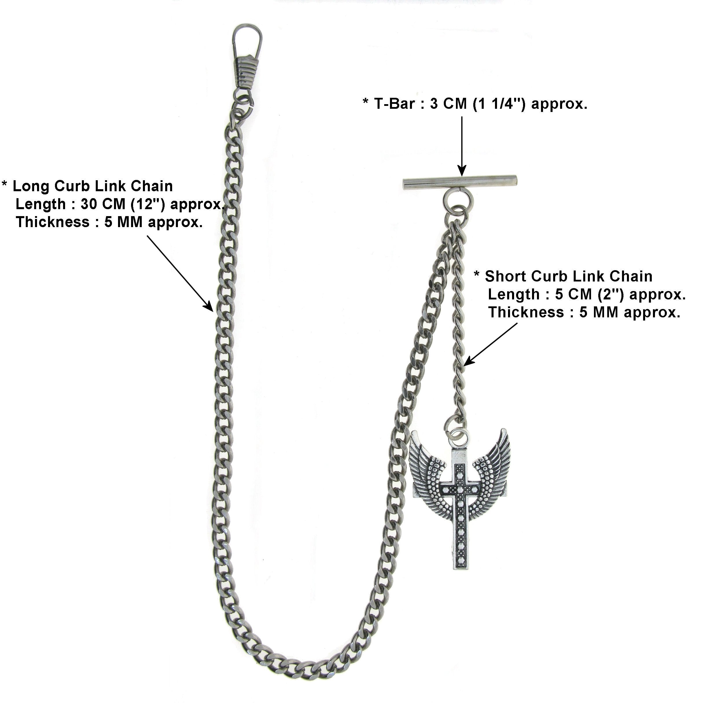 Albert Chain Silver Color Pocket Watch Chains Vest Chains for Men with Angel Wings Cross Design Fob T Bar AC75