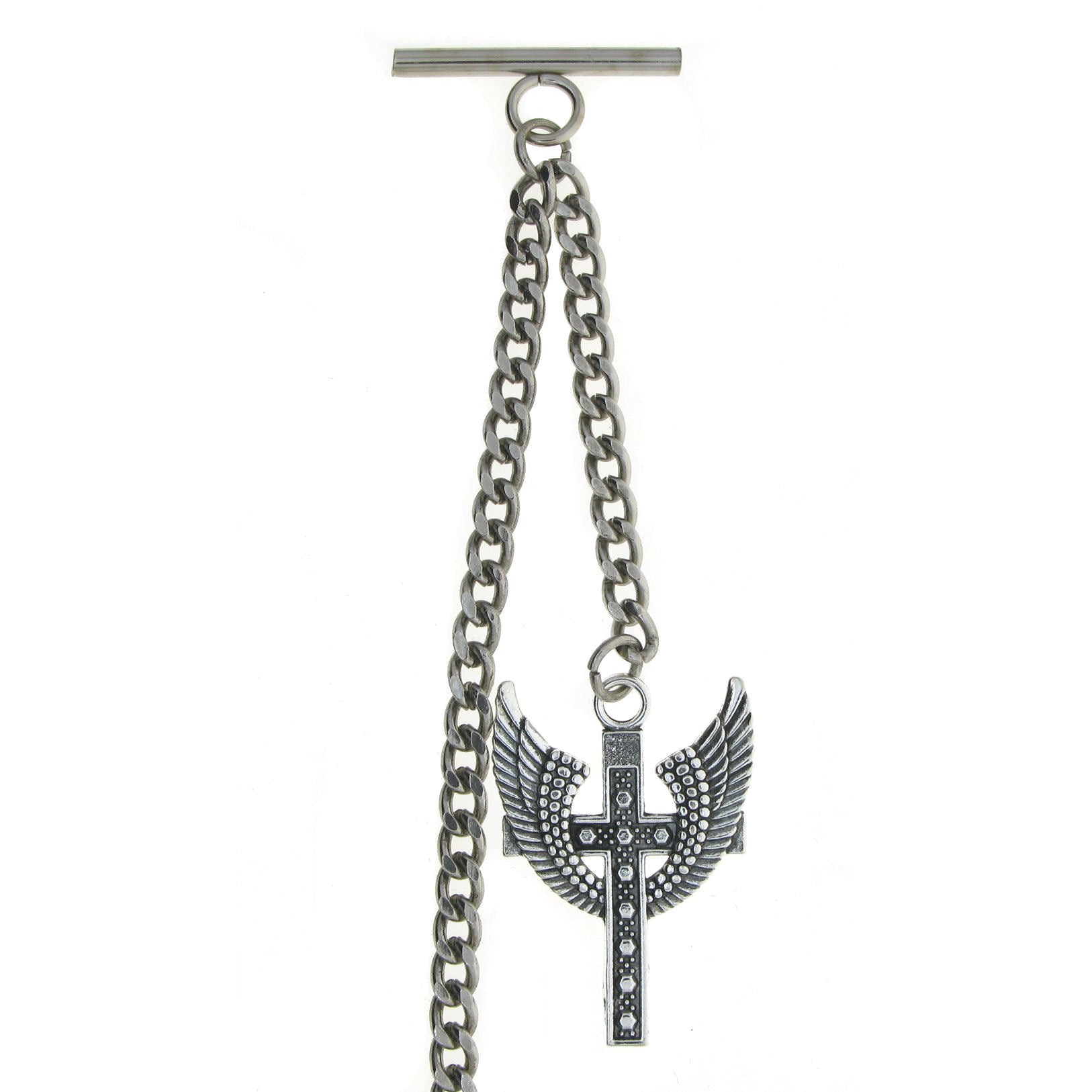Albert Chain Silver Color Pocket Watch Chains Vest Chains for Men with Angel Wings Cross Design Fob T Bar AC75