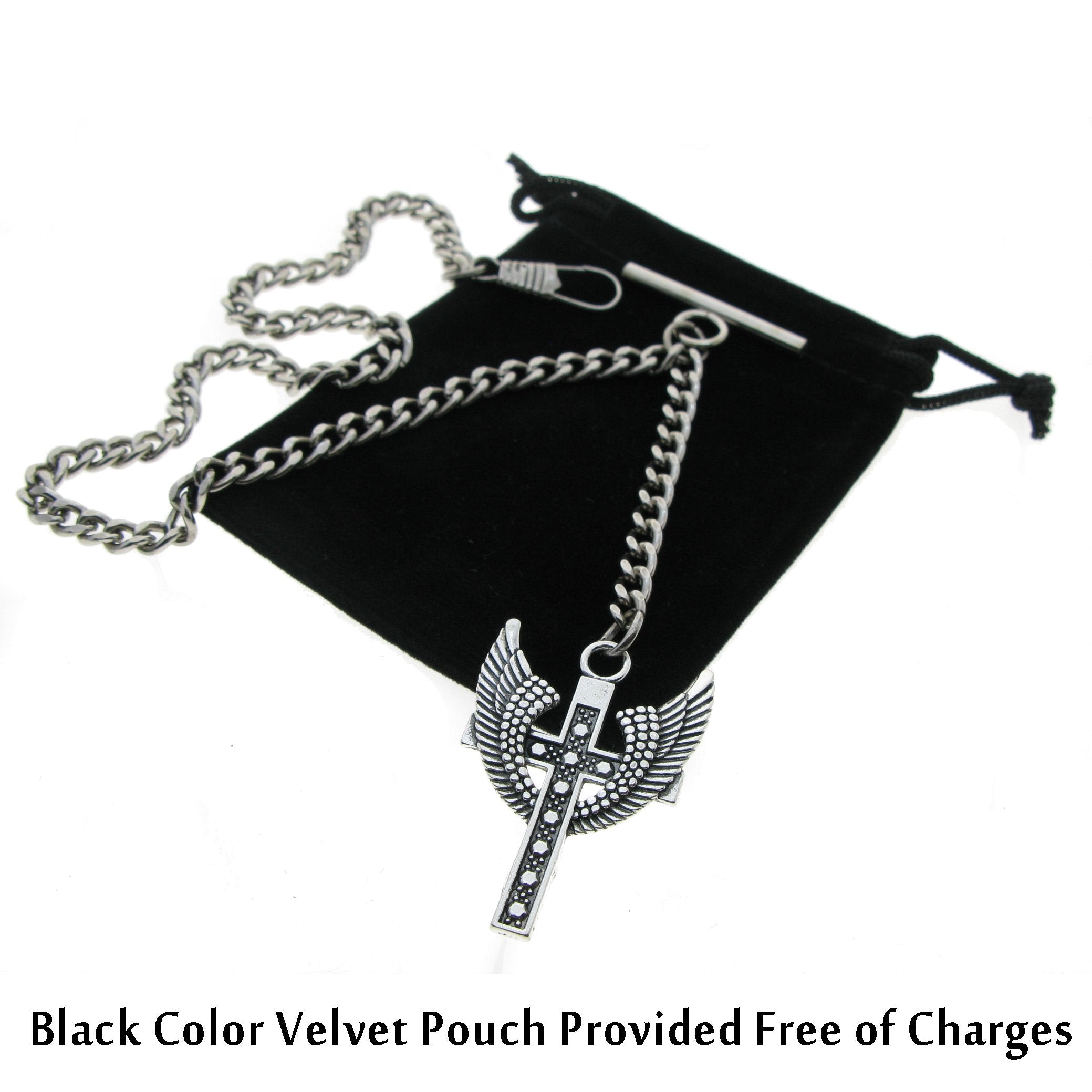 Albert Chain Silver Color Pocket Watch Chains Vest Chains for Men with Angel Wings Cross Design Fob T Bar AC75