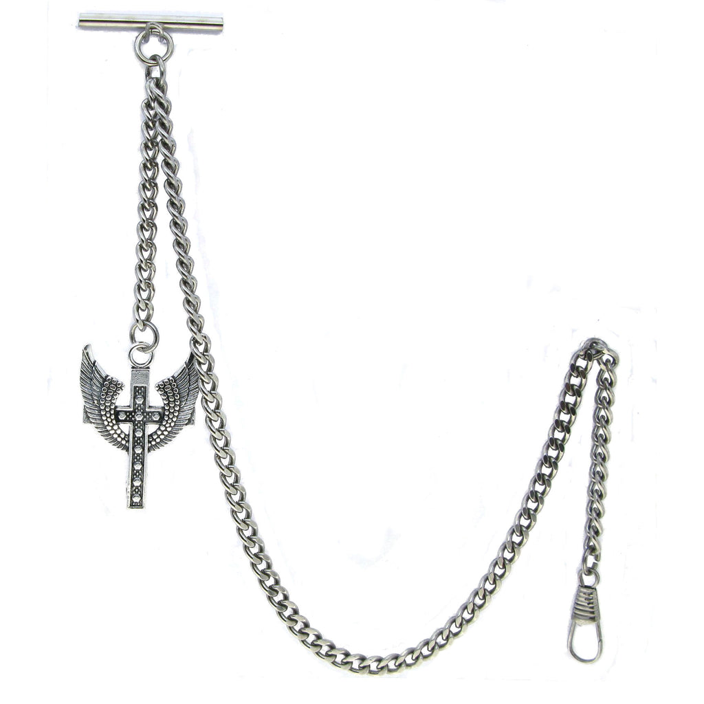 Albert Chain Silver Color Pocket Watch Chains Vest Chains for Men with Angel Wings Cross Design Fob T Bar AC75