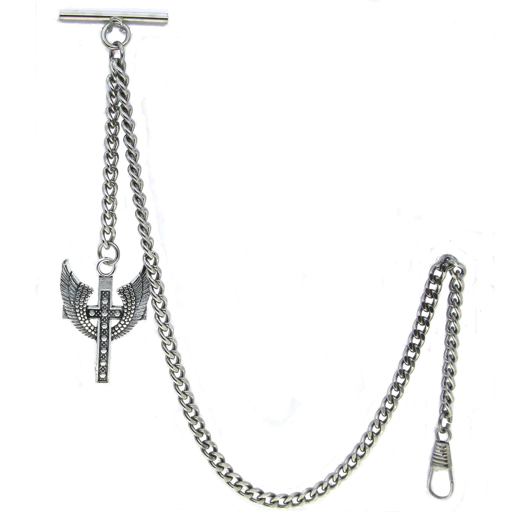 Albert Chain Silver Color Pocket Watch Chains Vest Chains for Men with Angel Wings Cross Design Fob T Bar AC75