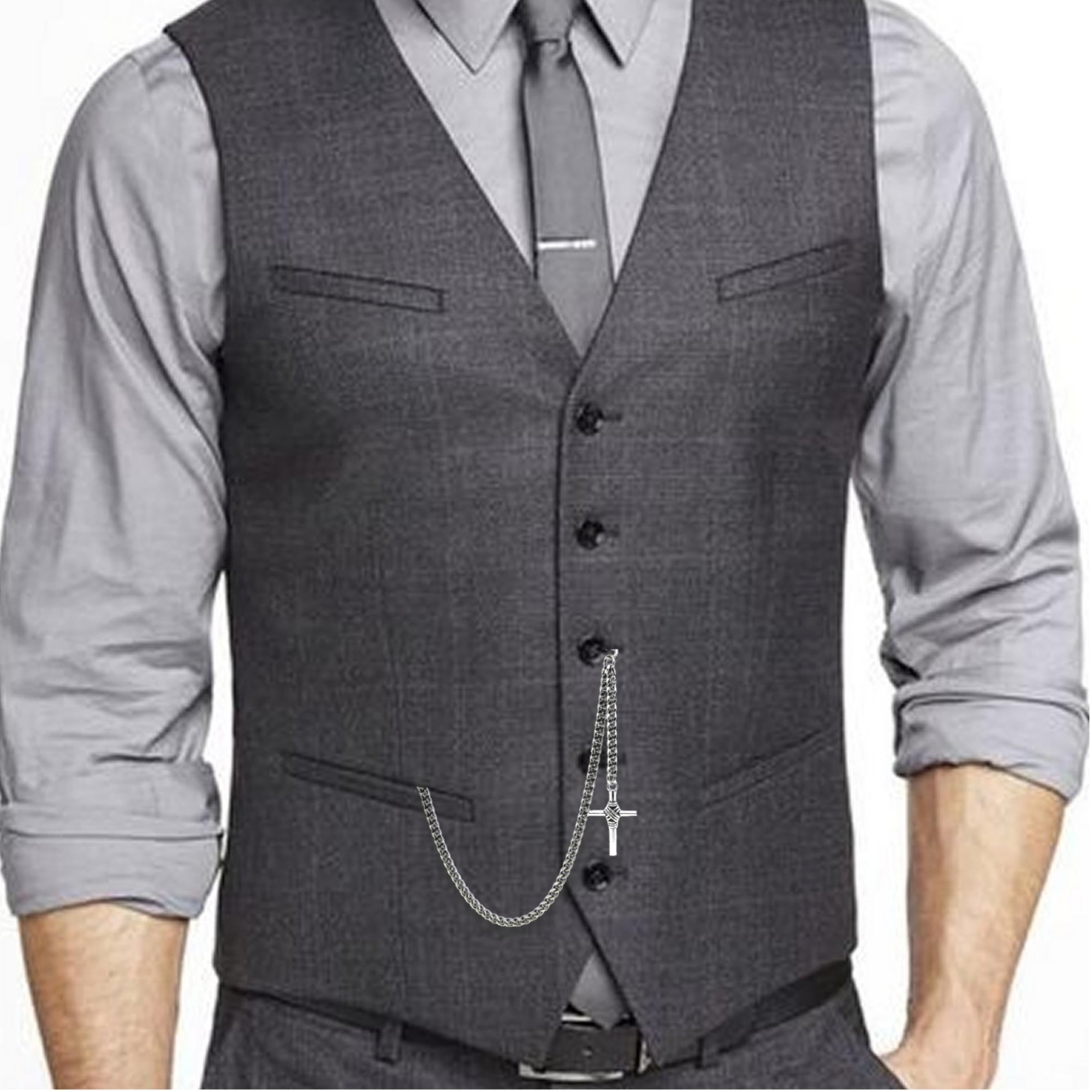 Albert Chain Silver Color Pocket Watch Chains Vest Chain for Men with Cross Design Fob and T Bar AC76