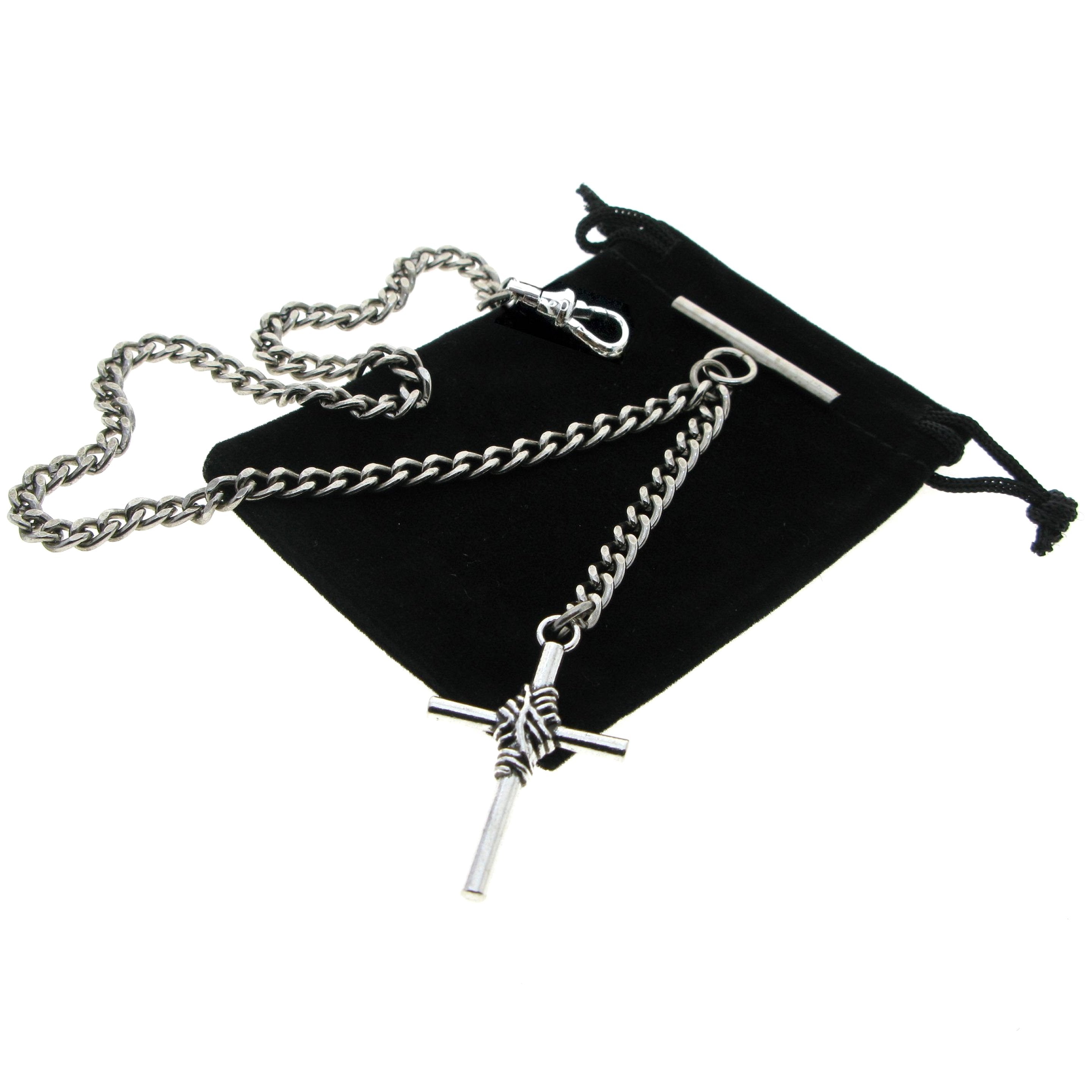 Albert Chain Silver Color Pocket Watch Chains Vest Chain for Men with Cross Design Fob and T Bar AC76