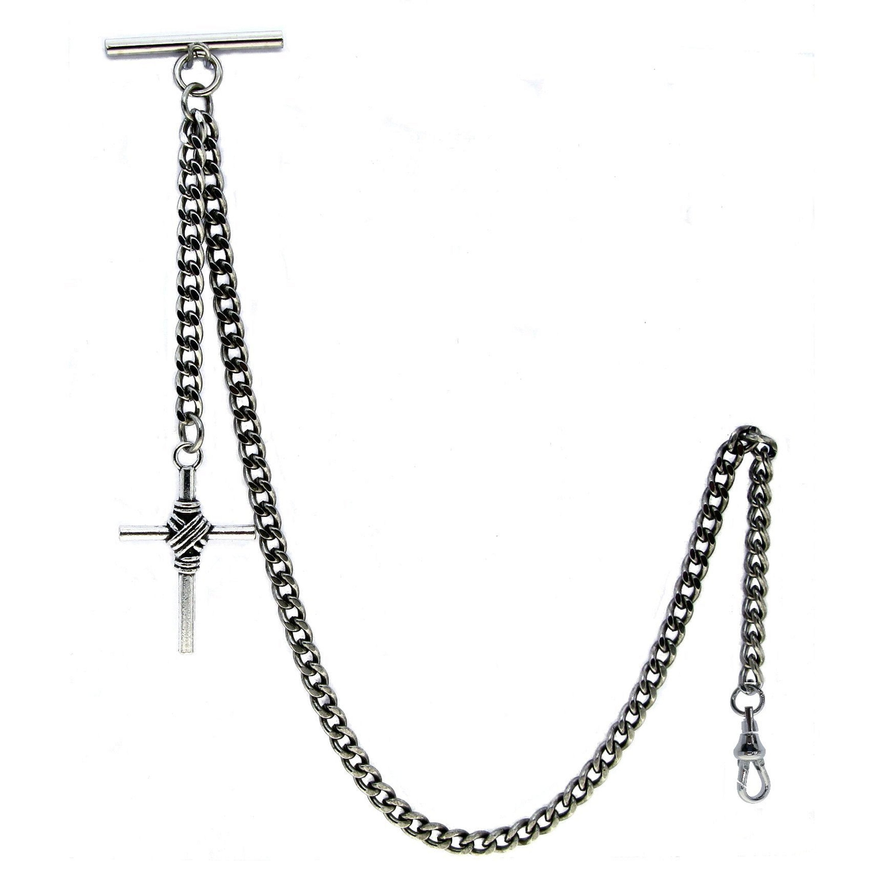 Albert Chain Silver Color Pocket Watch Chains Vest Chain for Men with Cross Design Fob and T Bar AC76