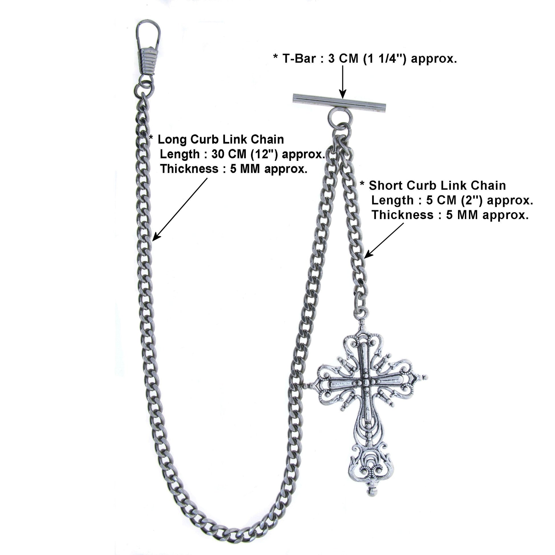 Albert Chain Silver Color Pocket Watch Chains for Men with Big Size Cross Design Fob T Bar AC77