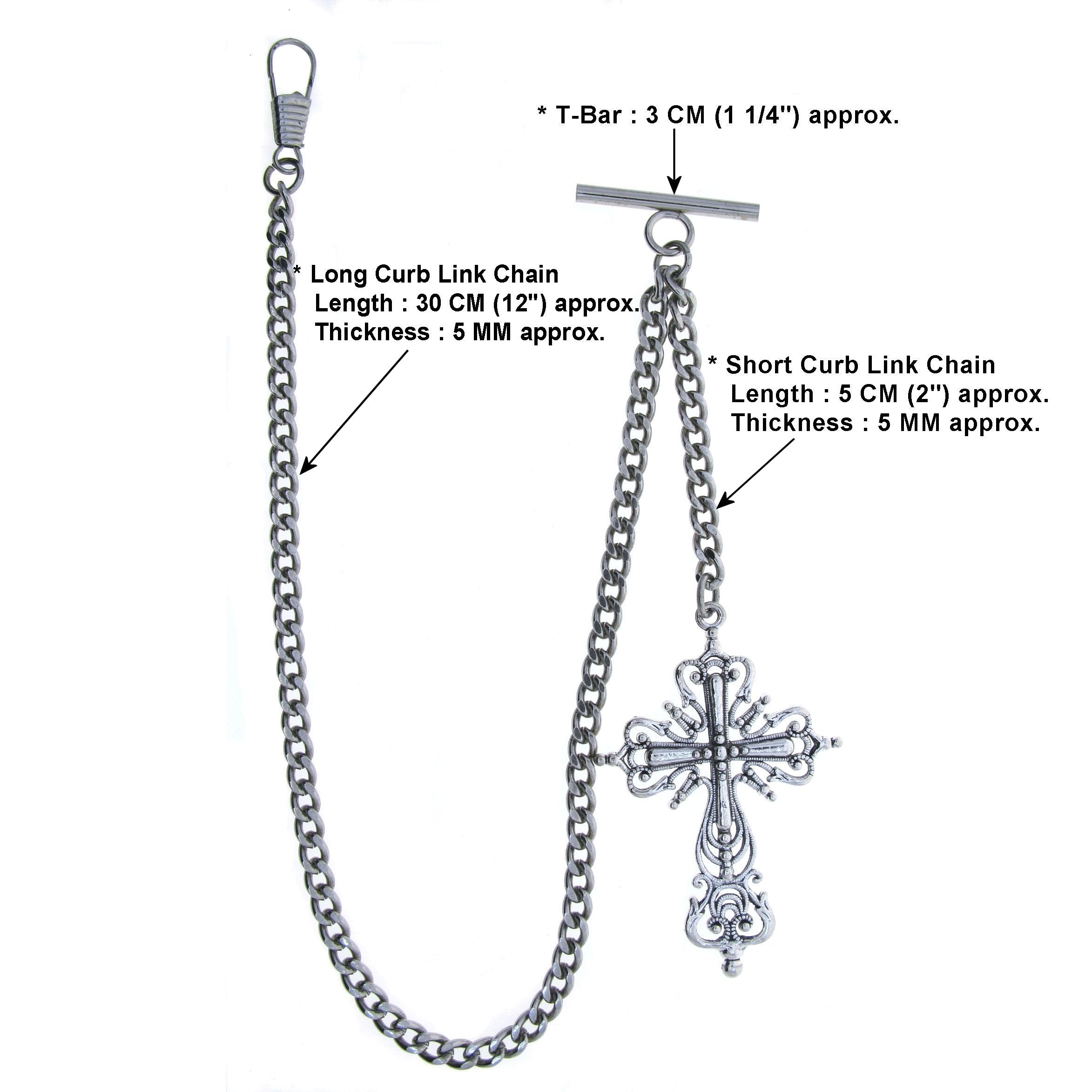 Albert Chain Silver Color Pocket Watch Chains for Men with Big Size Cross Design Fob T Bar AC77