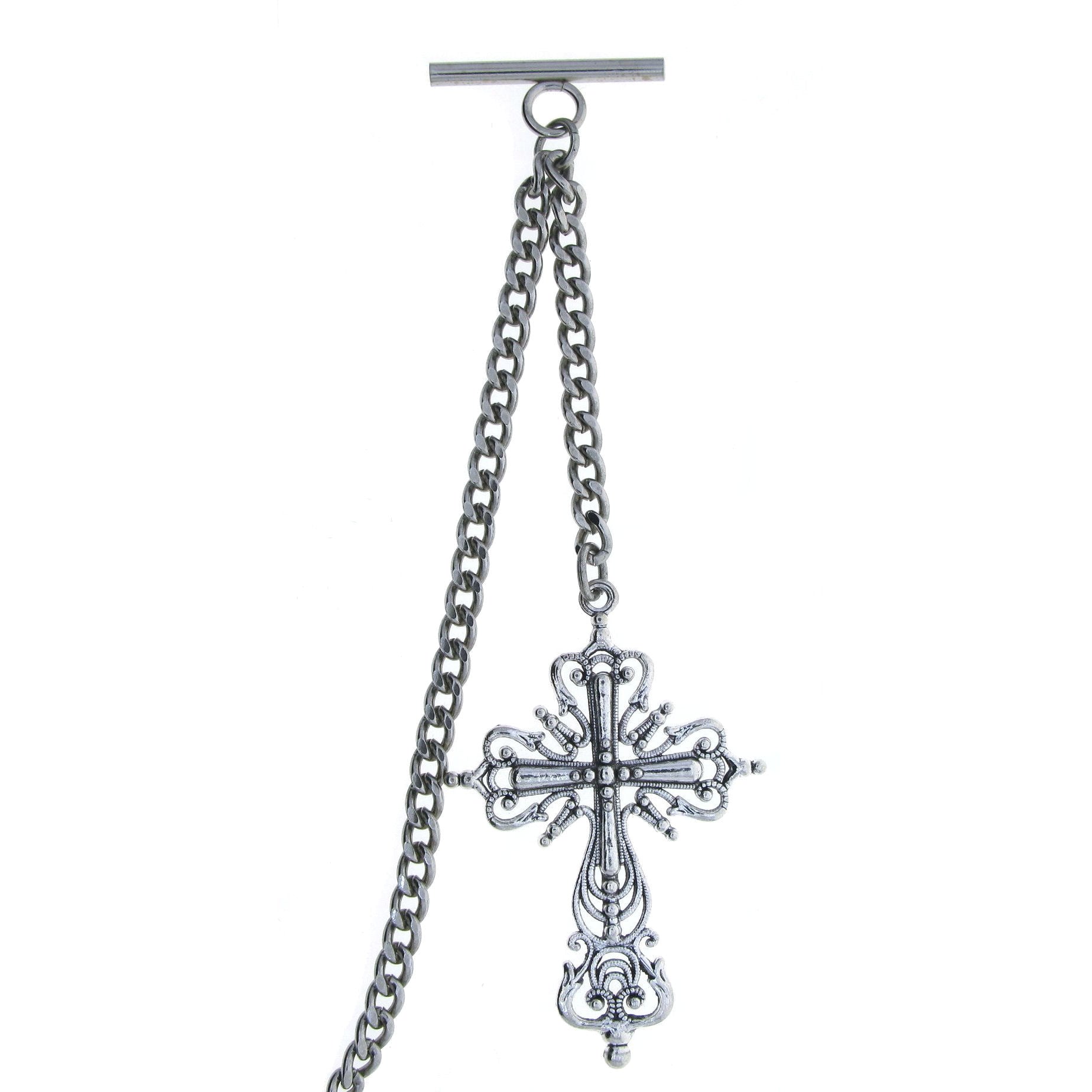 Albert Chain Silver Color Pocket Watch Chains for Men with Big Size Cross Design Fob T Bar AC77