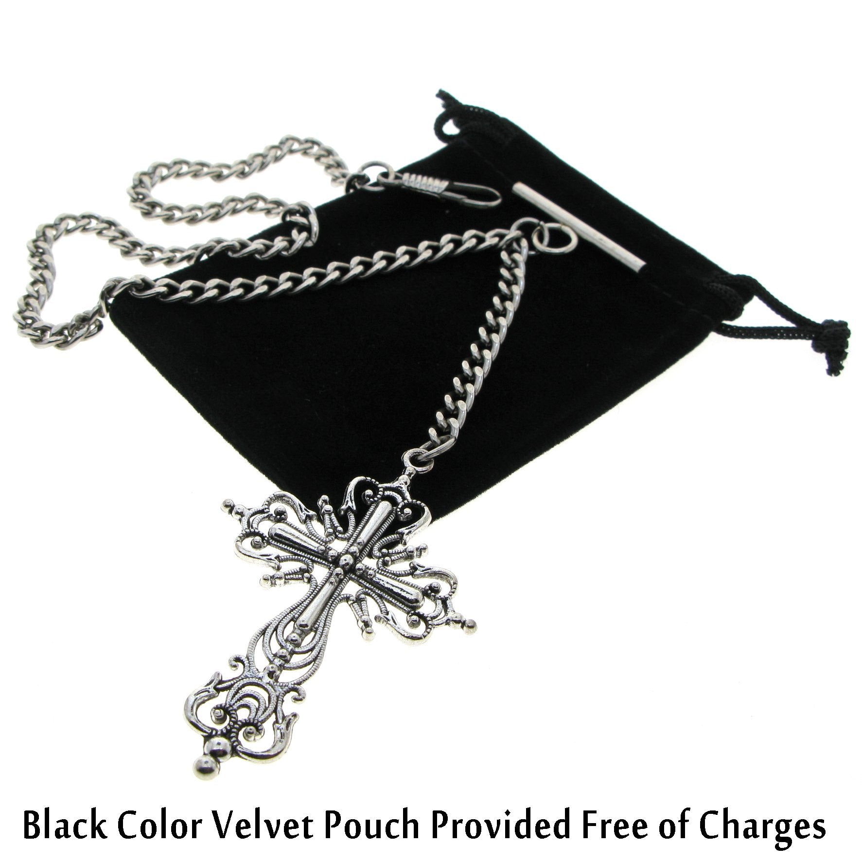 Albert Chain Silver Color Pocket Watch Chains for Men with Big Size Cross Design Fob T Bar AC77