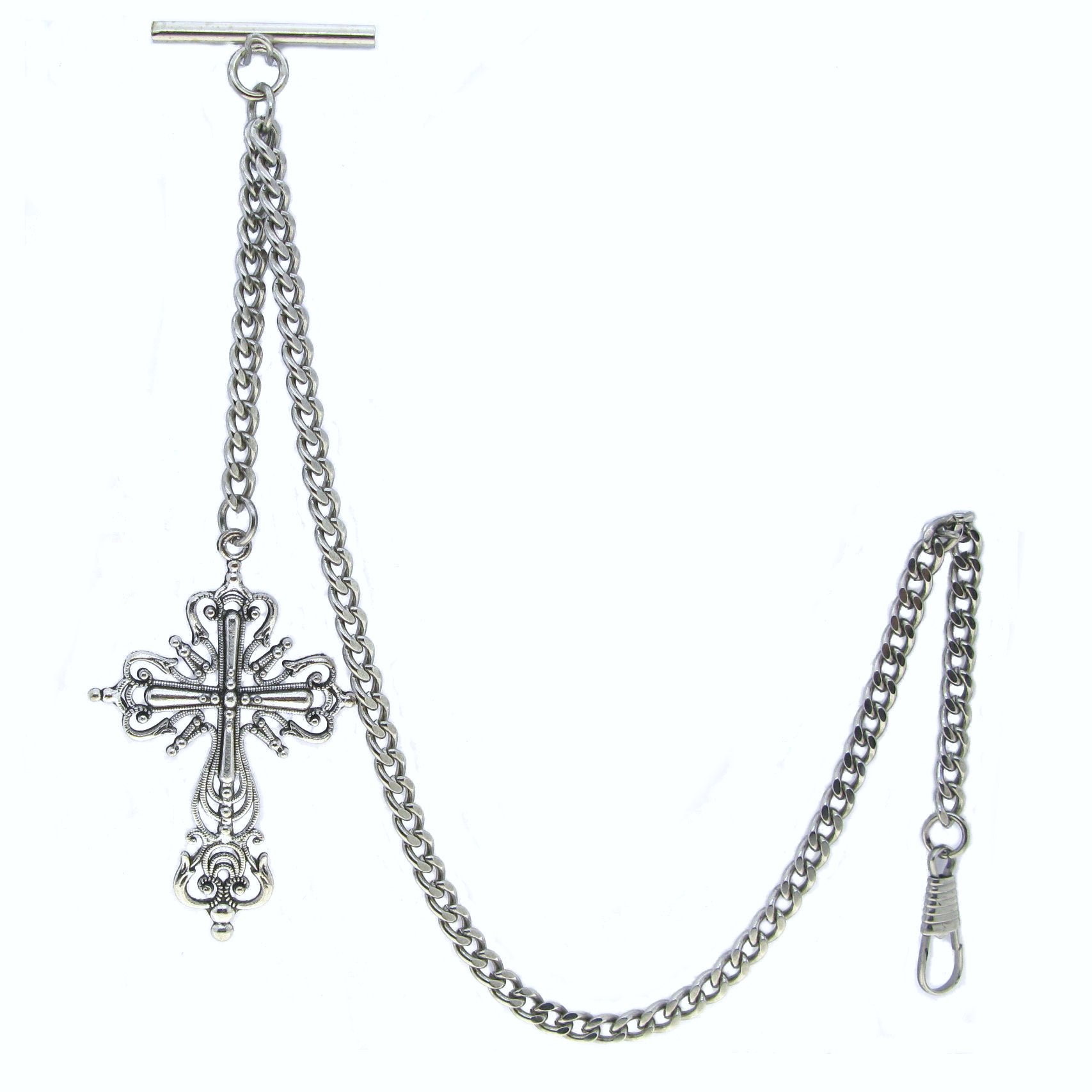 Albert Chain Silver Color Pocket Watch Chains for Men with Big Size Cross Design Fob T Bar AC77