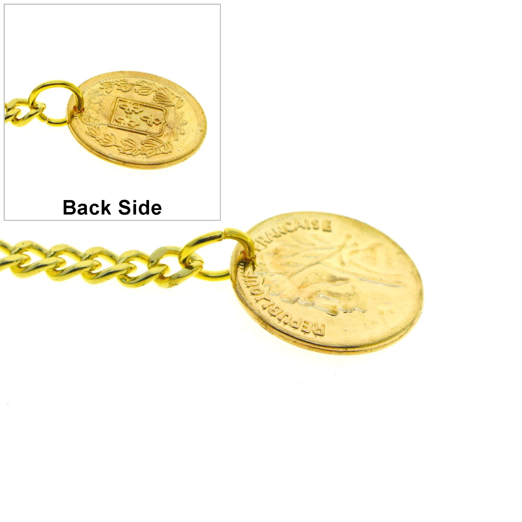 Albert Chain Gold Color Pocket Watch Chains for Men with T Bar Swivel Clasp and Ancient France Coin Design Medal Fob AC78