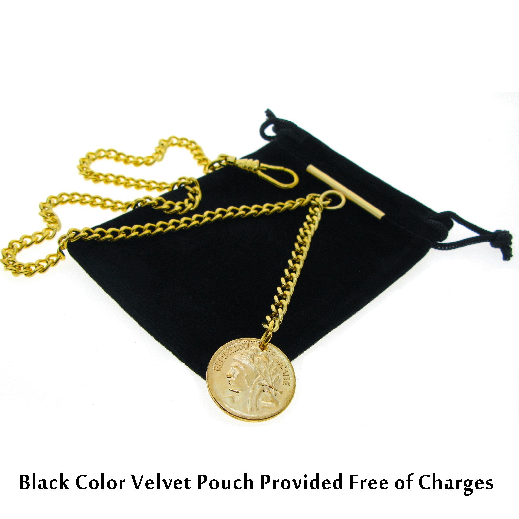 Albert Chain Gold Color Pocket Watch Chains for Men with T Bar Swivel Clasp and Ancient France Coin Design Medal Fob AC78