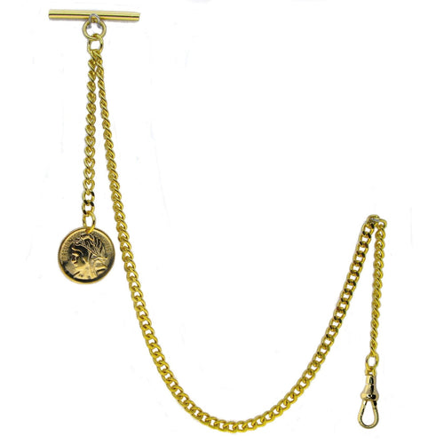Albert Chain Gold Color Pocket Watch Chains for Men with T Bar Swivel Clasp and Ancient France Medal Fob AC78