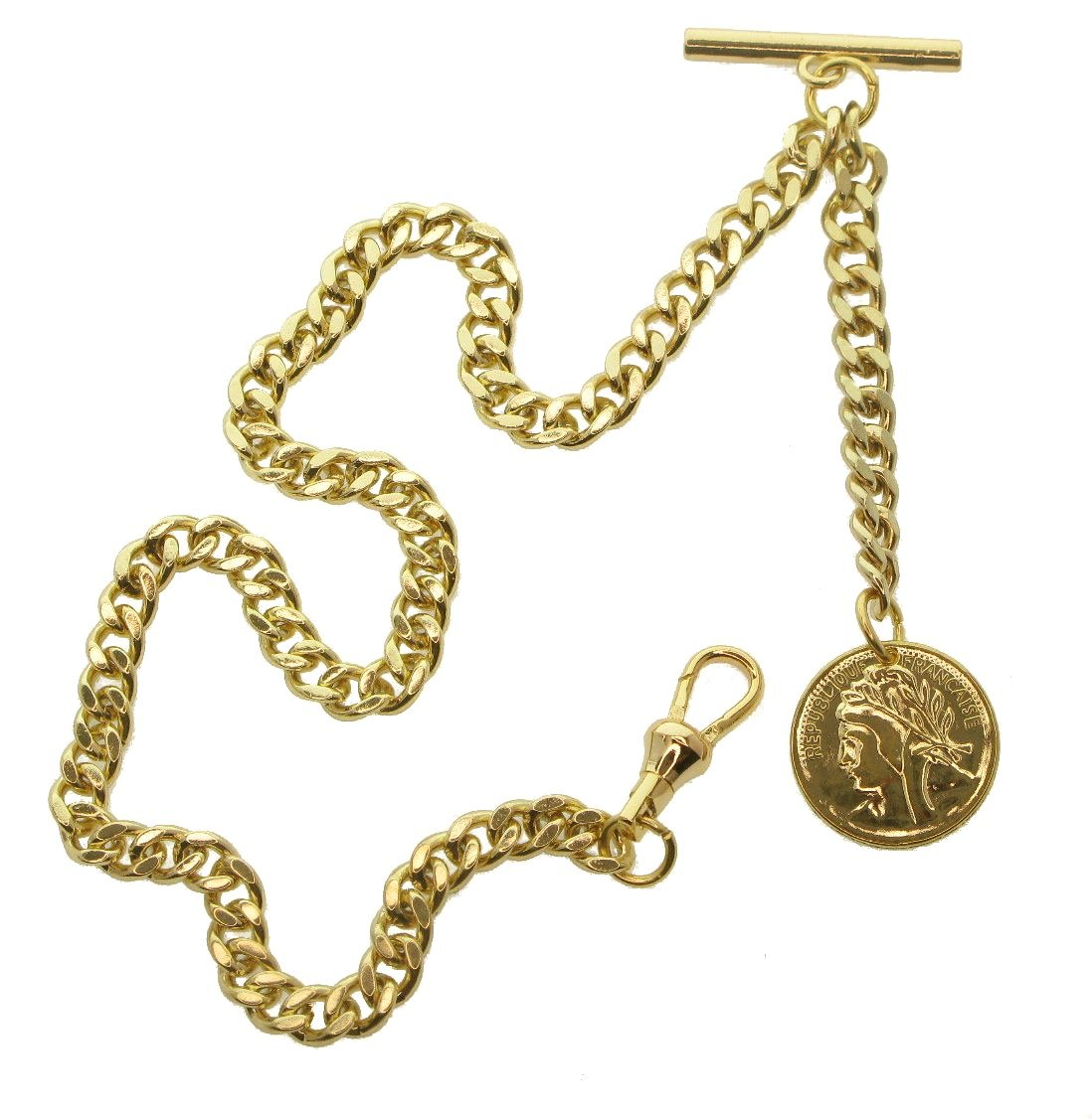 Albert Chain Gold Color Pocket Watch Chains for Men with T Bar Swivel Clasp and Ancient France Coin Design Medal Fob AC78
