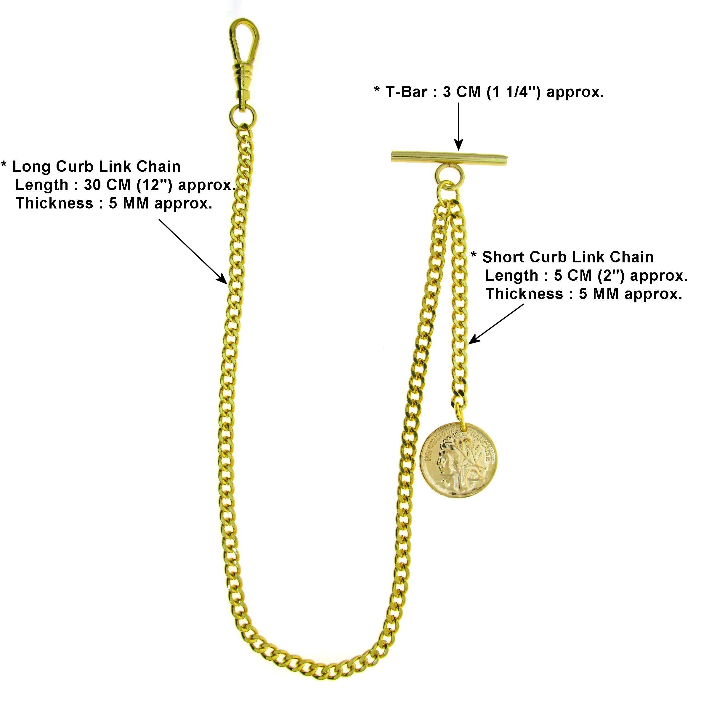 Albert Chain Gold Color Pocket Watch Chains for Men with T Bar Swivel Clasp and Ancient France Coin Design Medal Fob AC78