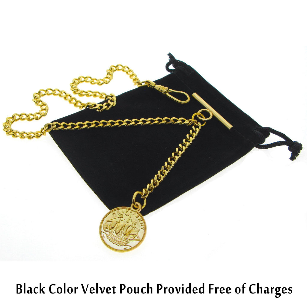 Albert Pocket Watch Chain Gold Tone with Queen Elizabeth Coin Design Fob AC79