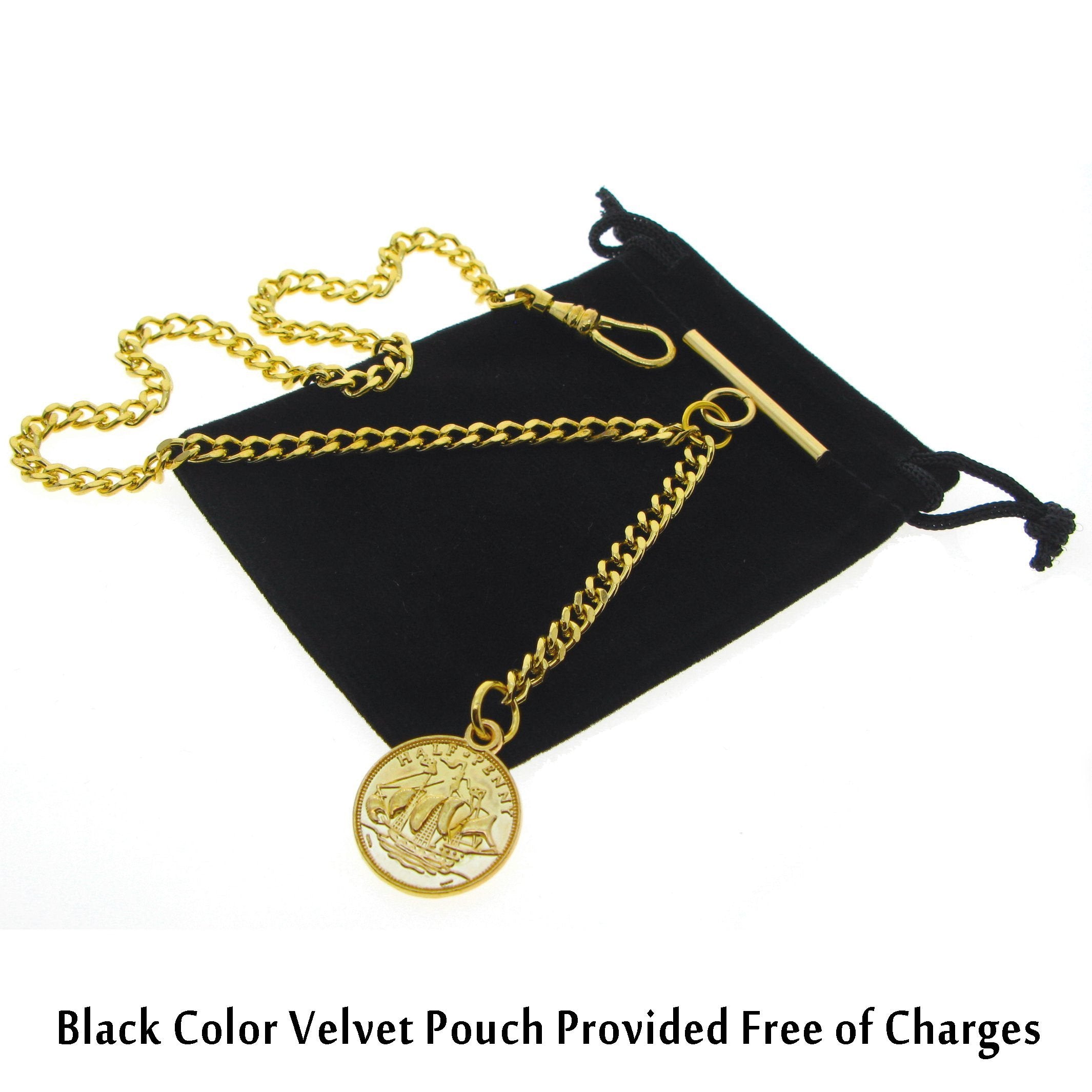 Albert Pocket Watch Chain Gold Tone with Queen Elizabeth Coin Design Fob AC79