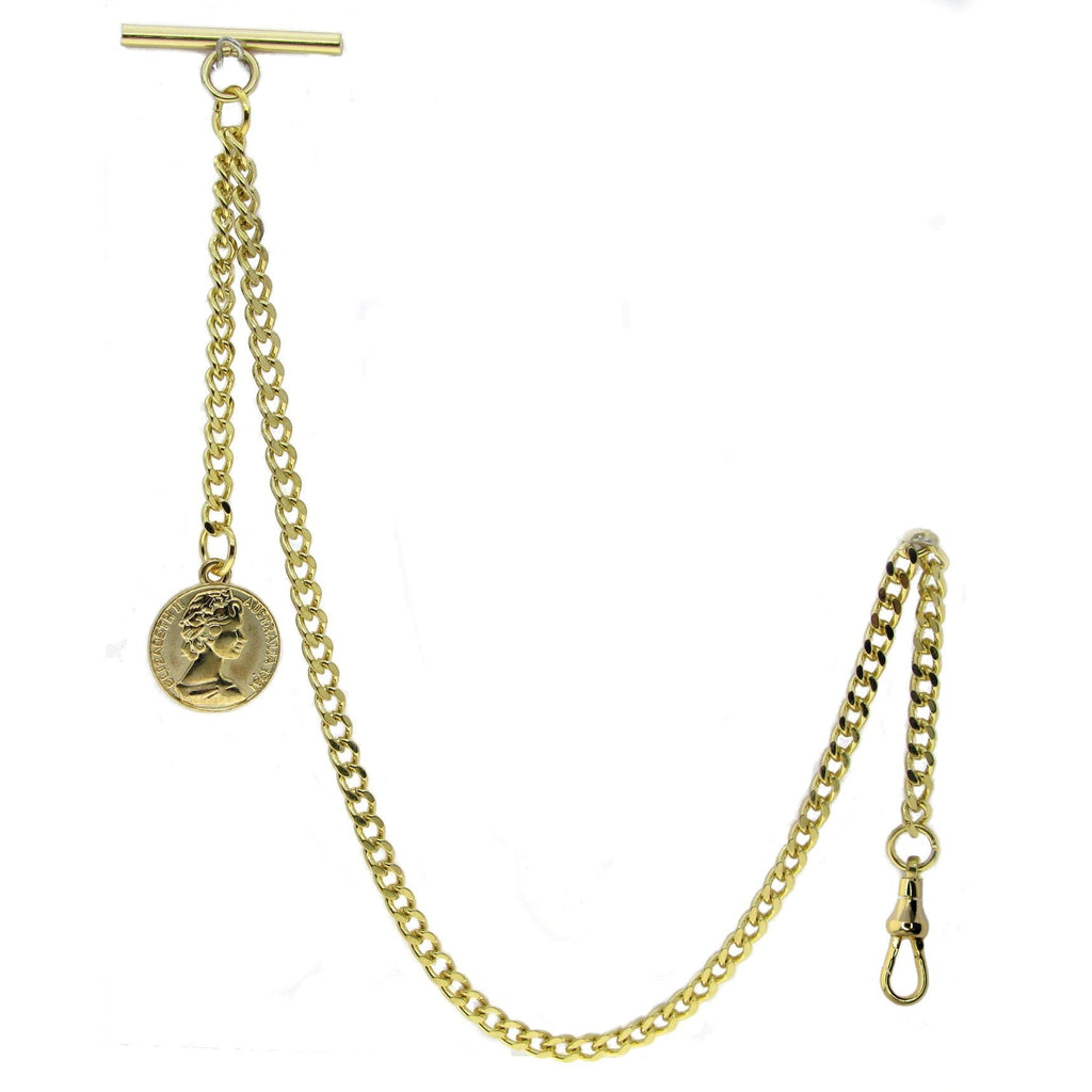 Albert Pocket Watch Chain Gold Tone with Queen Elizabeth Coin Design Fob AC79