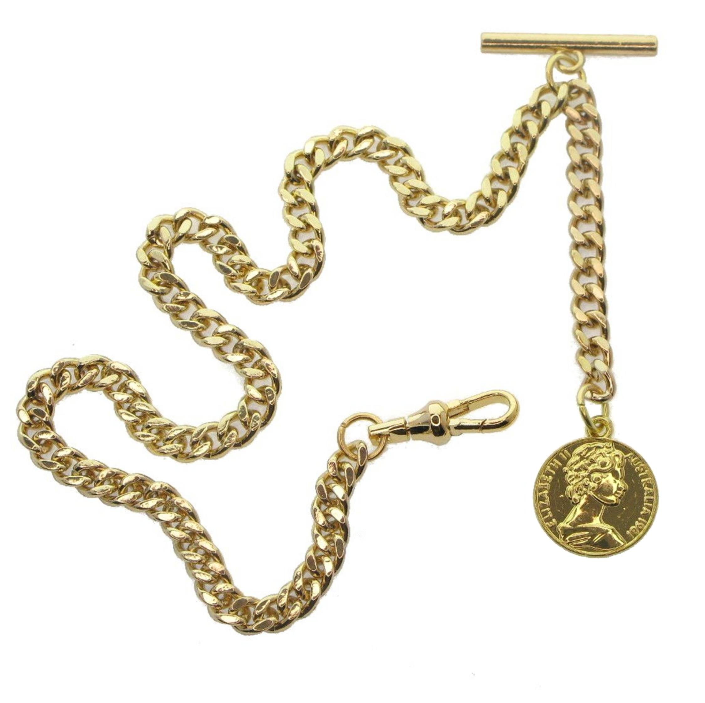 Gold Albert Chain with Queen Elizabeth Coin Design Fob