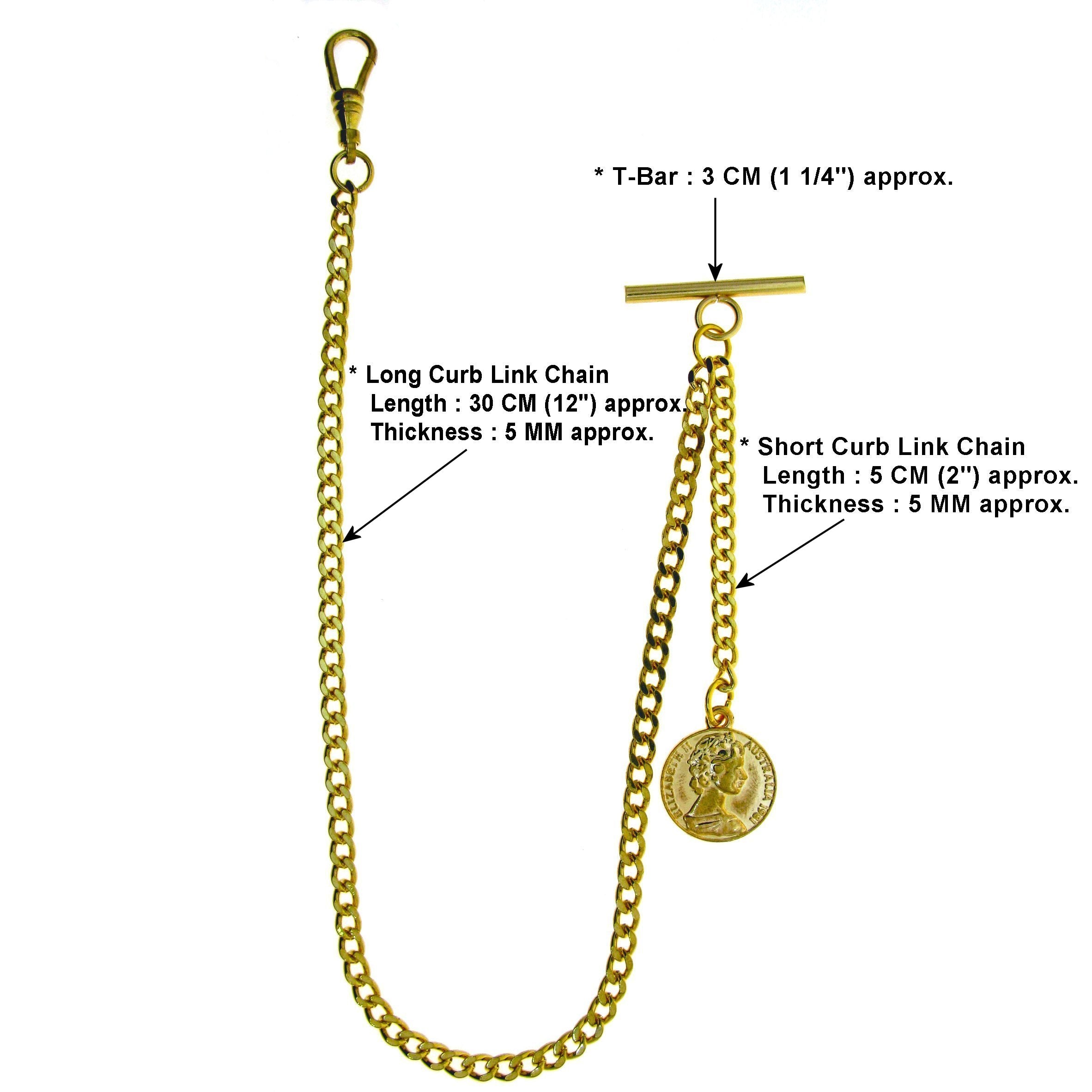 Albert Pocket Watch Chain Gold Tone with Queen Elizabeth Coin Design Fob AC79