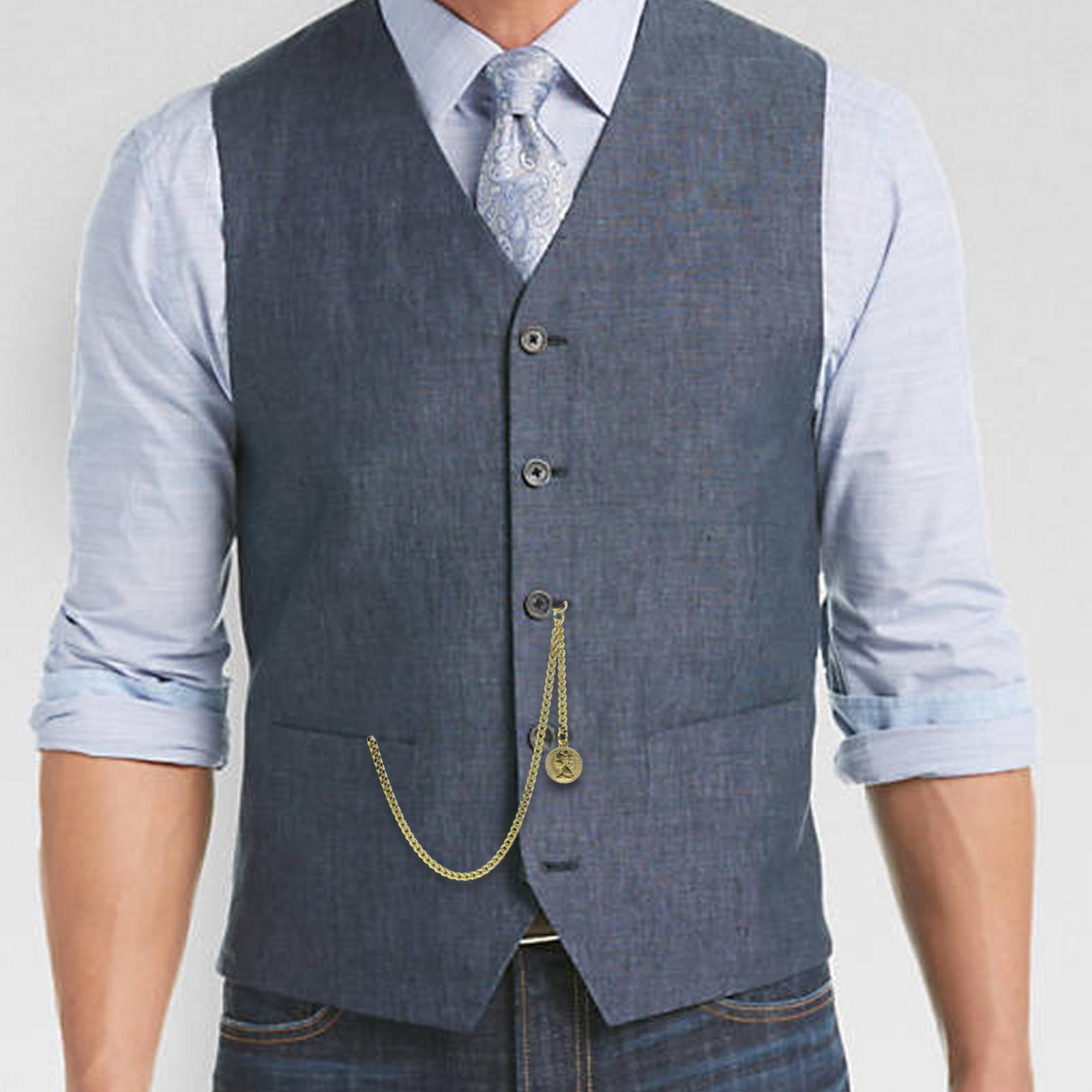 Albert Pocket Watch Chain Gold Tone with Queen Elizabeth Coin Design Fob AC79