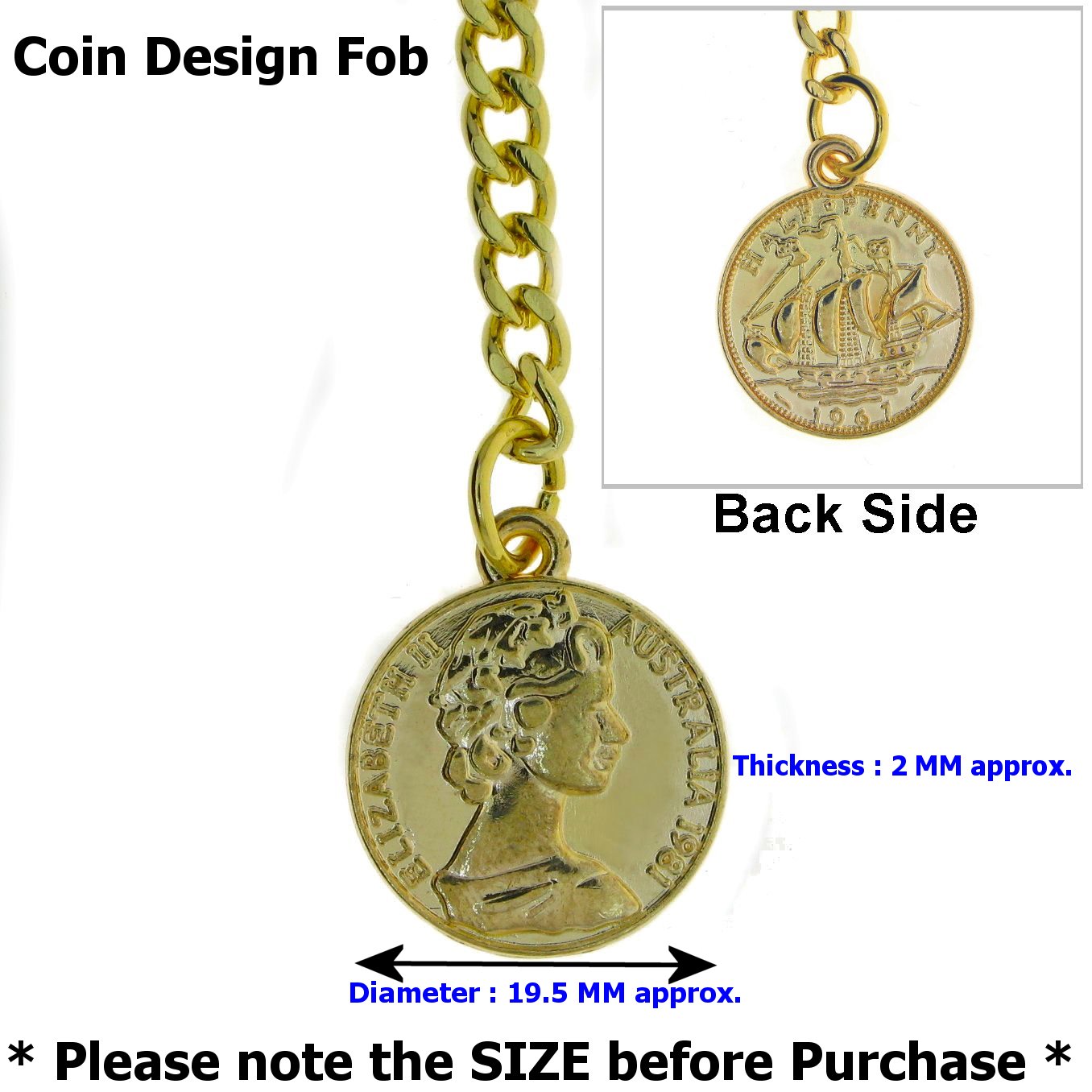 Albert Pocket Watch Chain Gold Tone with Queen Elizabeth Coin Design Fob AC79