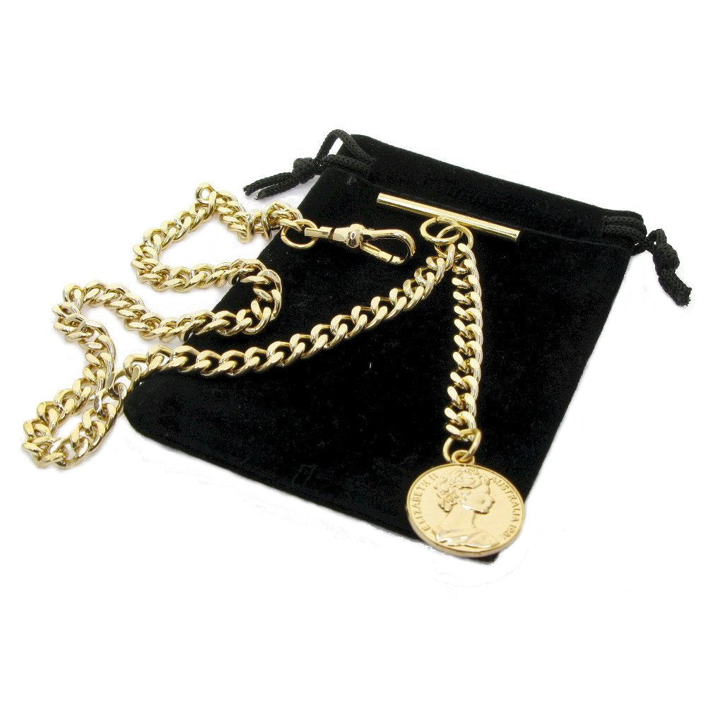 Albert Pocket Watch Chain Gold Tone with Queen Elizabeth Coin Design Fob AC79