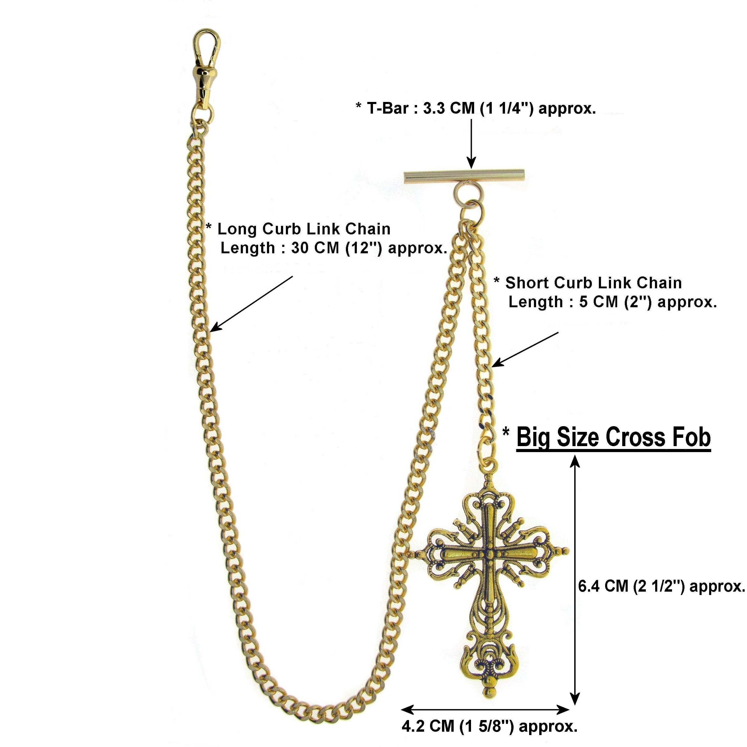 Albert Chain Gold Color Pocket Watch Chains for Men T Bar with Swivel Clasp and Big XL Size Religious Cross Fob AC81