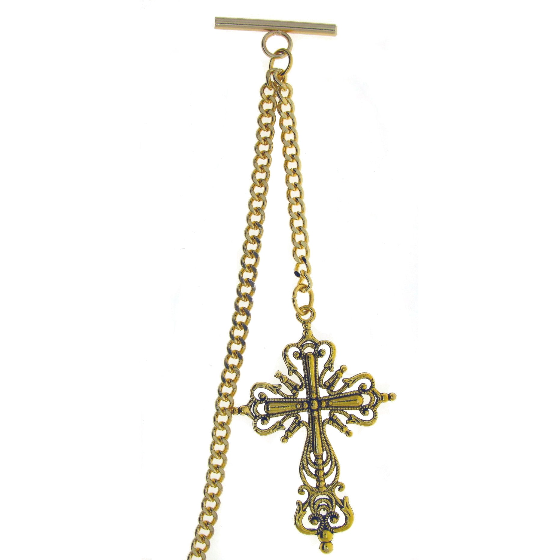 Albert Chain Gold Color Pocket Watch Chains for Men T Bar with Swivel Clasp and Big XL Size Religious Cross Fob AC81