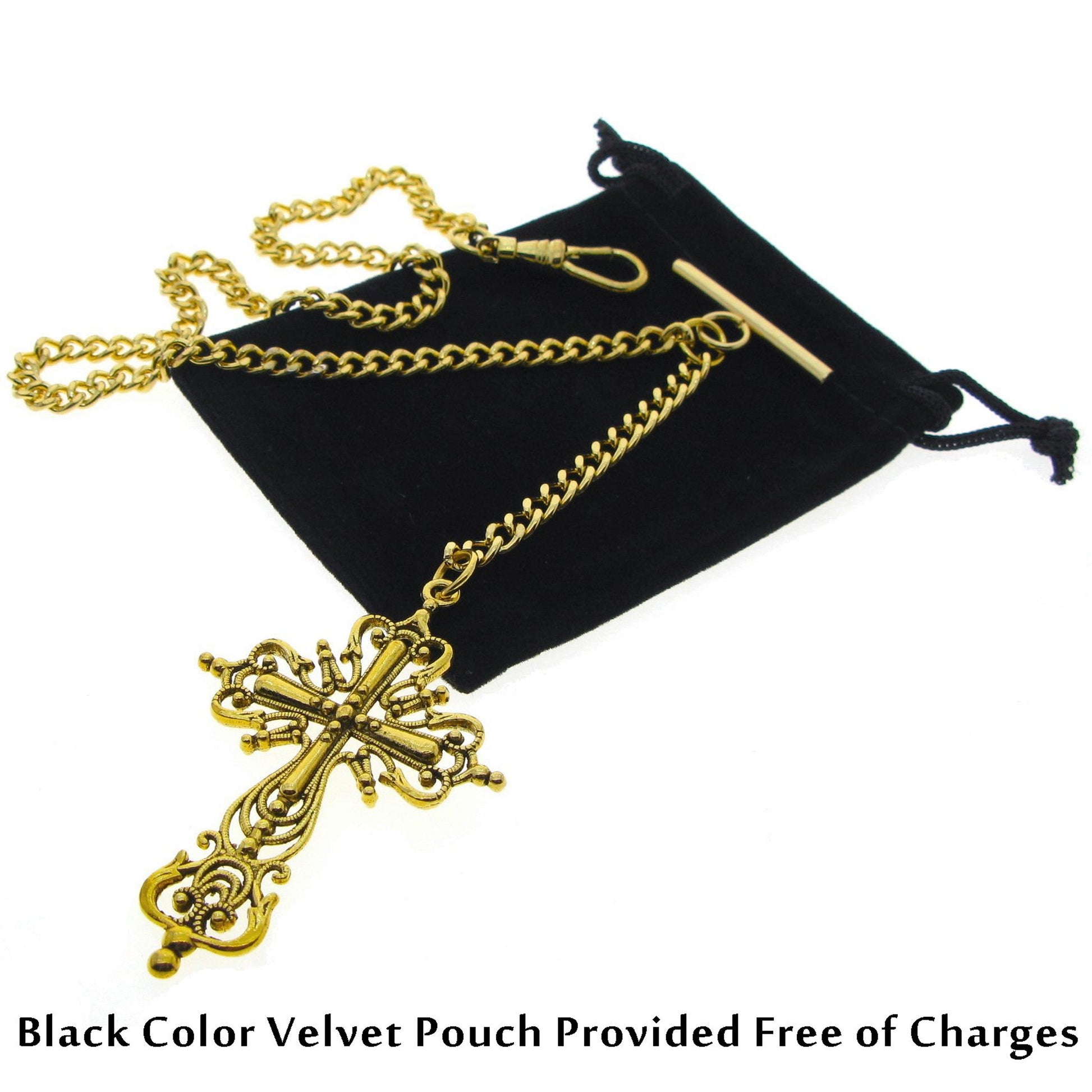 Albert Chain Gold Color Pocket Watch Chains for Men T Bar with Swivel Clasp and Big XL Size Religious Cross Fob AC81